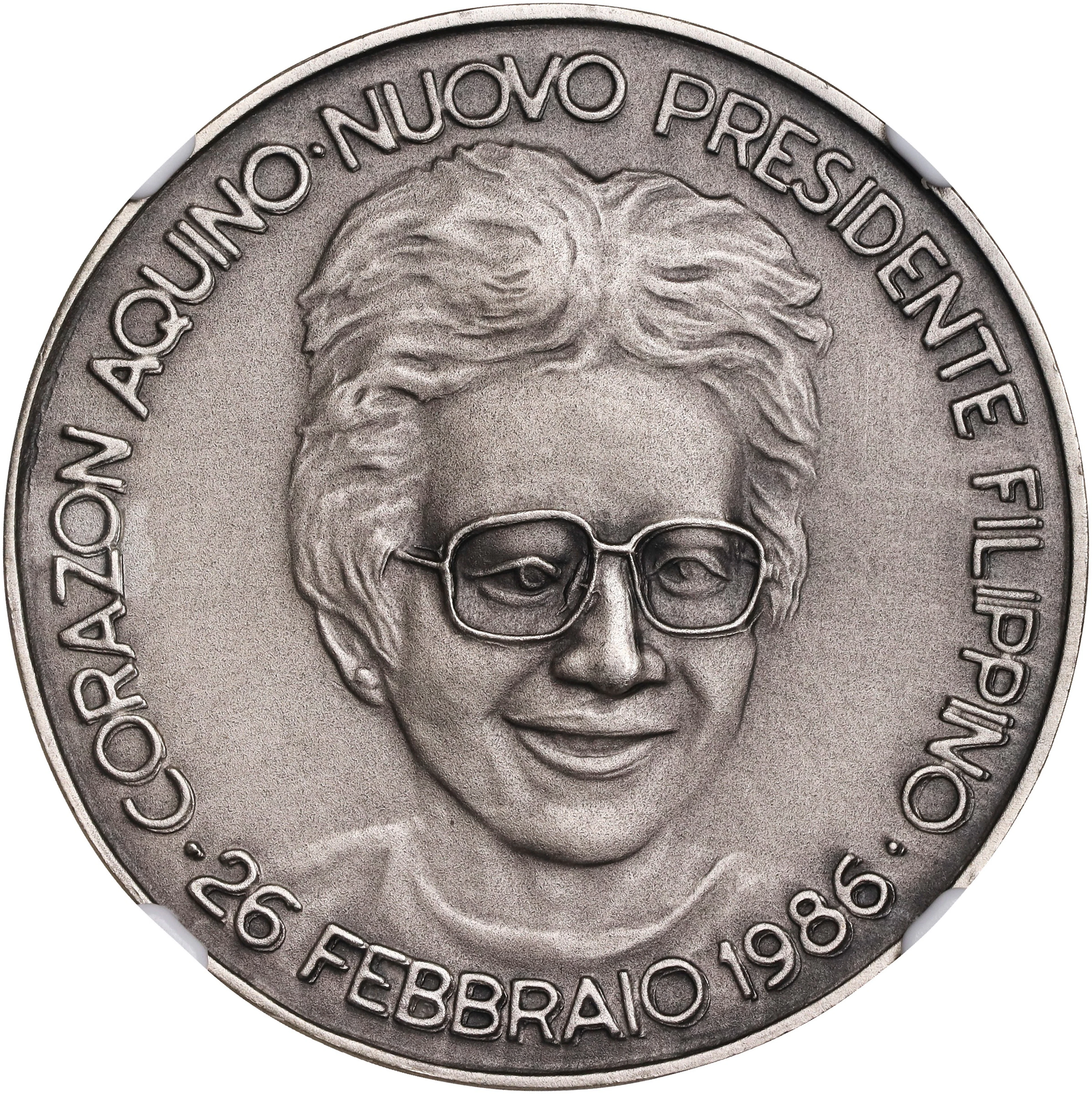 PHILIPPINES. New President Corazon Aquino Silver Medal, 1986. NGC MS-68.