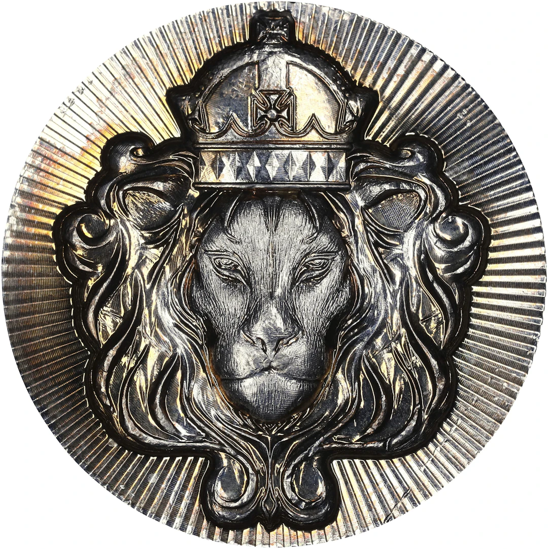 (5 oz, 155.518 g ASW). Scottsdale Mint Lion Stacker 5 oz Silver Round.