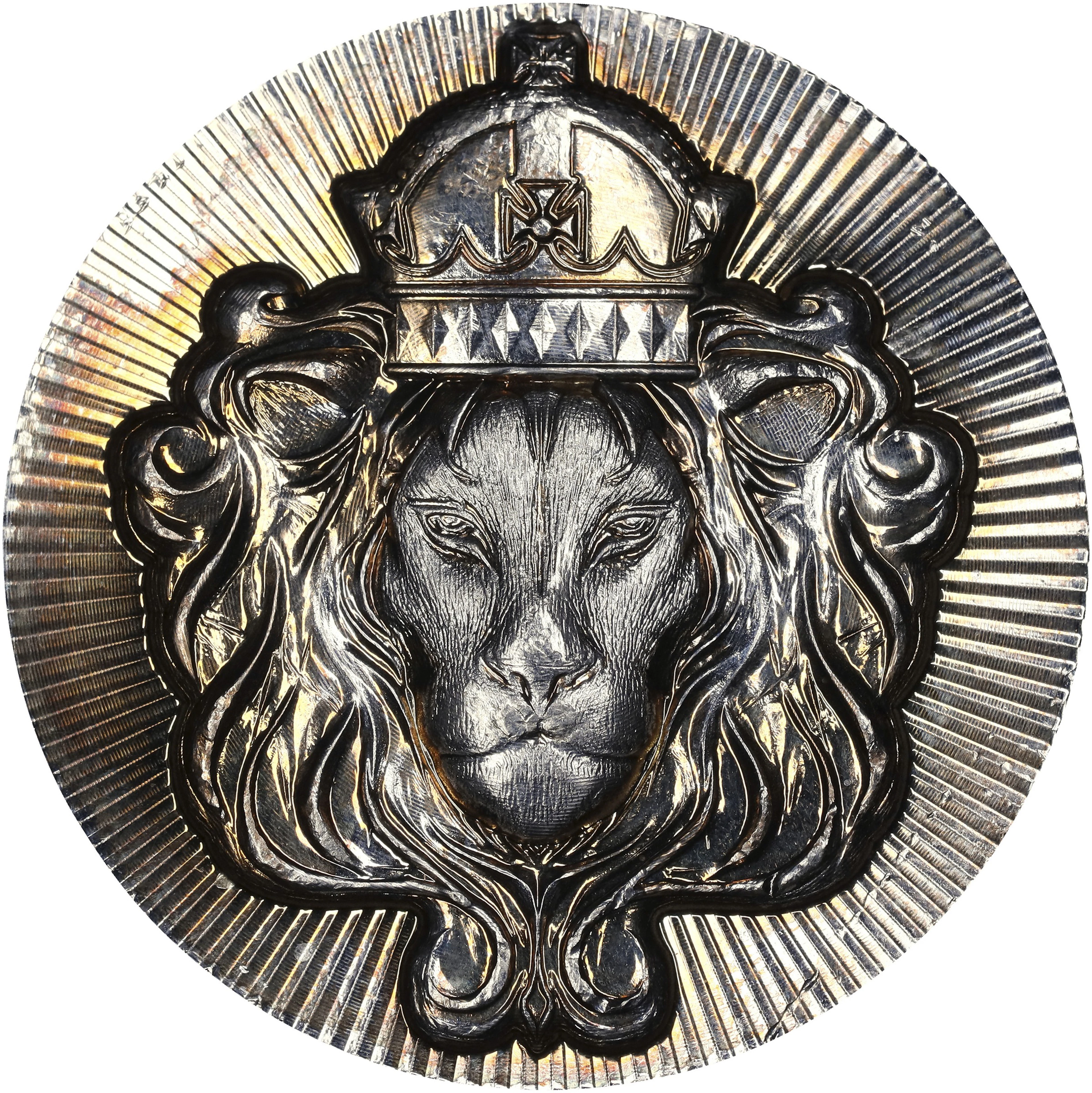 (5 oz, 155.518 g ASW). Scottsdale Mint Lion Stacker 5 oz Silver Round.