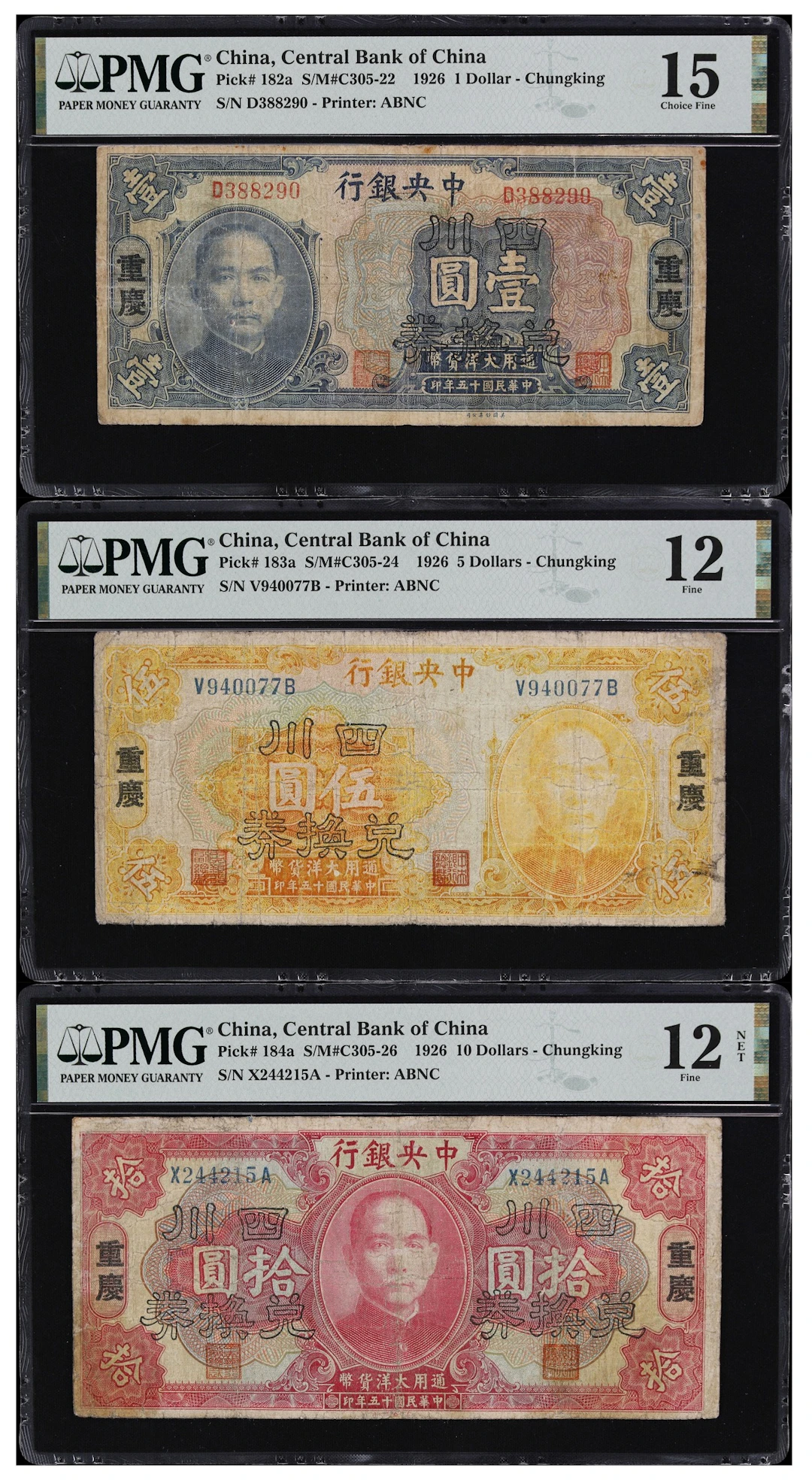 CHINA--REPUBLIC. Lot of (3). Central Bank of China. 1, 5, & 10 Dollars