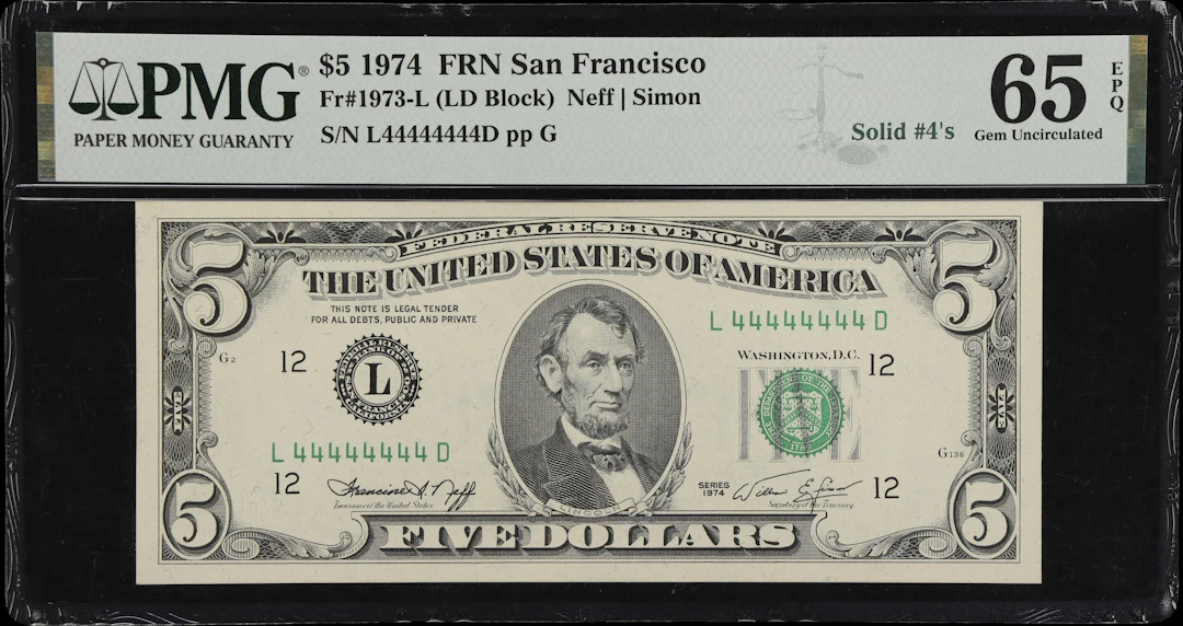 Fr. 1973-L. 1974 $5 Federal Reserve Note. San Francisco. PMG Gem Uncirculated