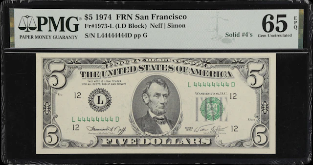 Fr. 1973-L. 1974 $5 Federal Reserve Note. San Francisco. PMG Gem Uncirculated