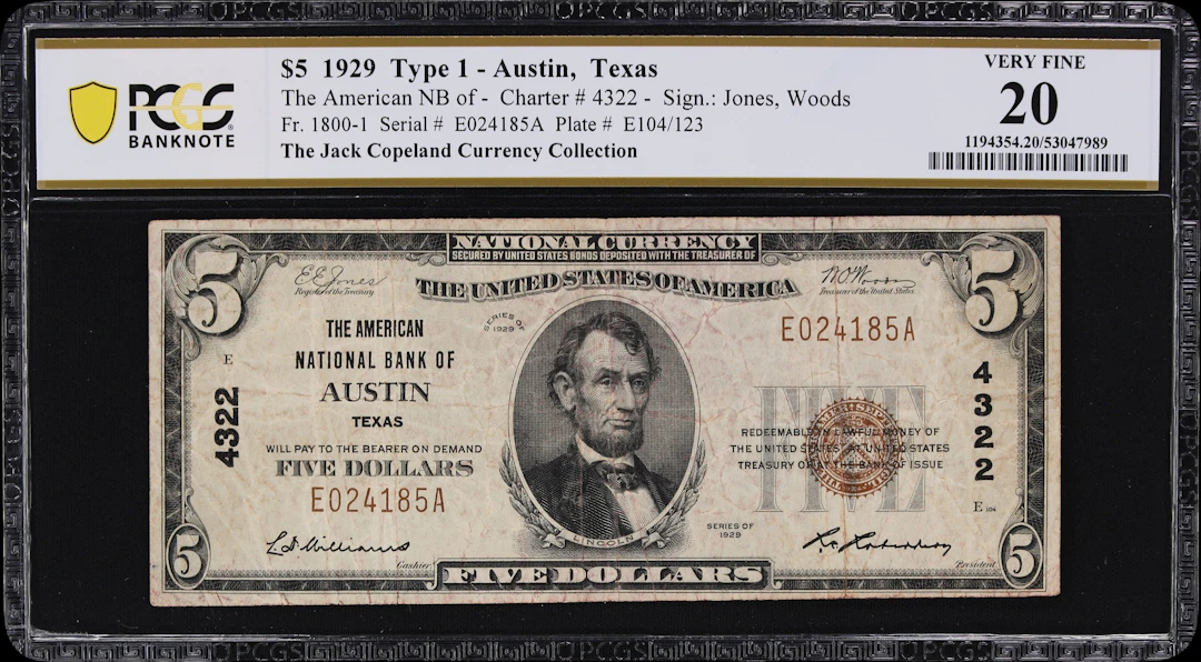 Austin, Texas. $5 1929 Ty. 1. Fr. 1800-1. American NB. Charter #4322.