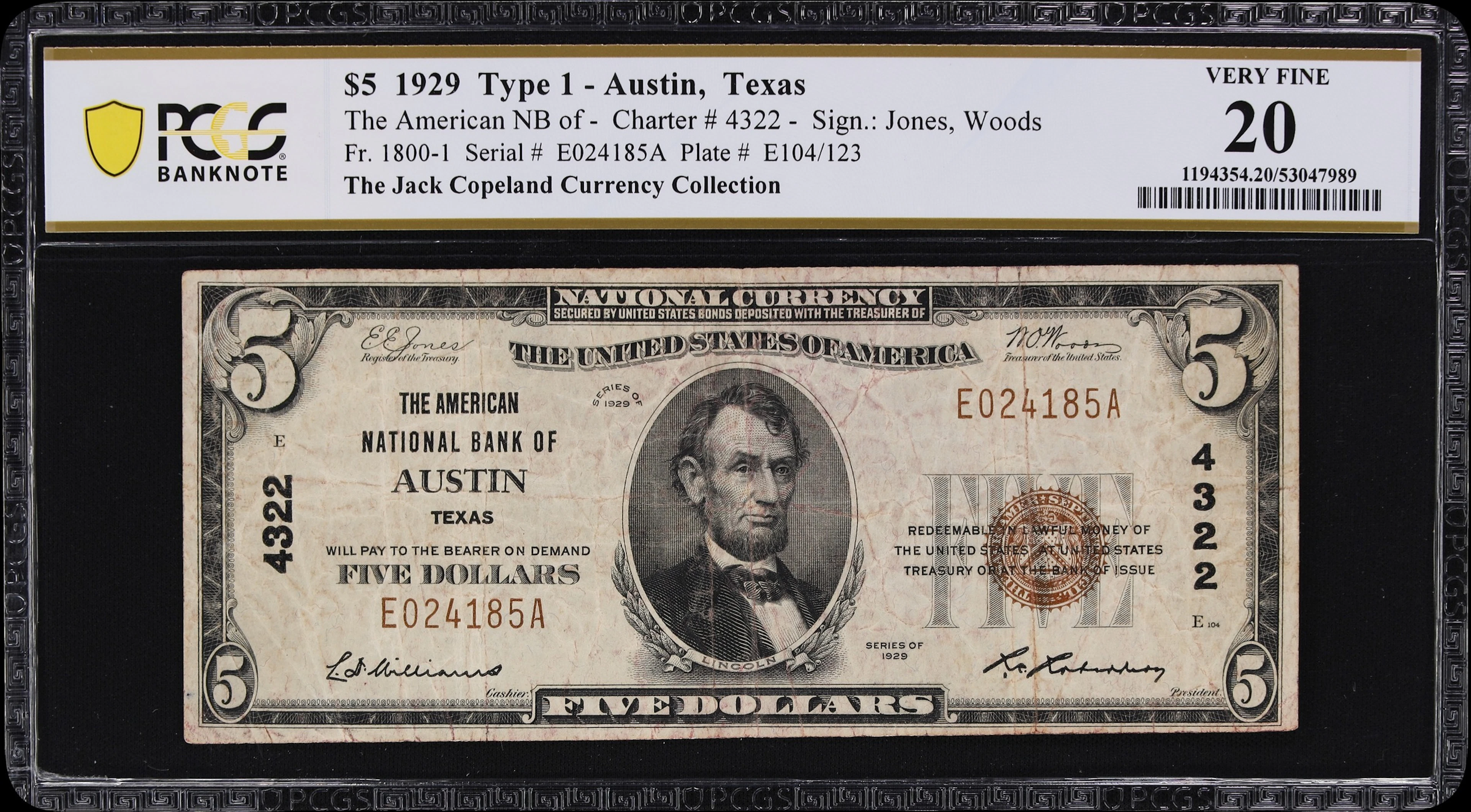 Austin, Texas. $5 1929 Ty. 1. Fr. 1800-1. American NB. Charter #4322.