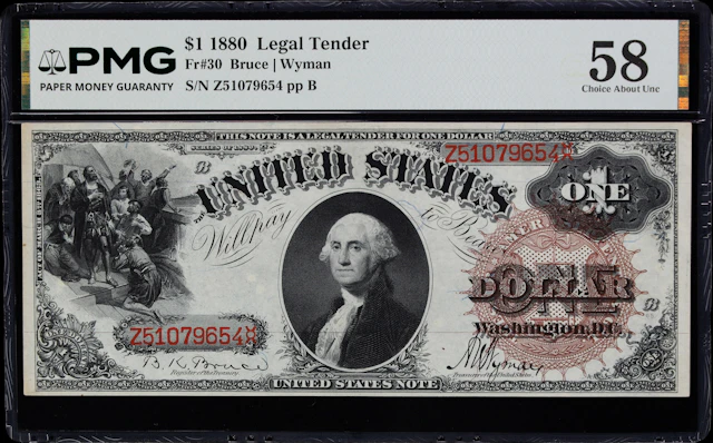 Fr. 30. 1880 $1 Legal Tender Note. PMG Choice About Uncirculated 58.