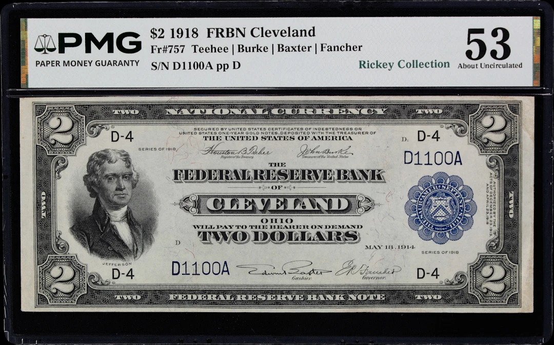Fr. 757. 1918 $2 Federal Reserve Bank Note. Cleveland. PMG About Uncirculated
