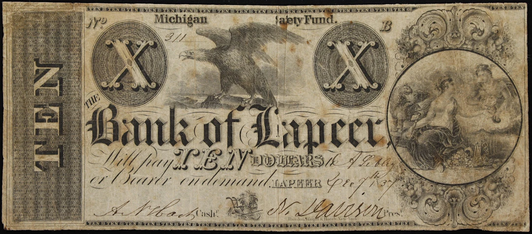 Lapeer, Michigan. Bank of Lapeer. 1837 $10. Fine.