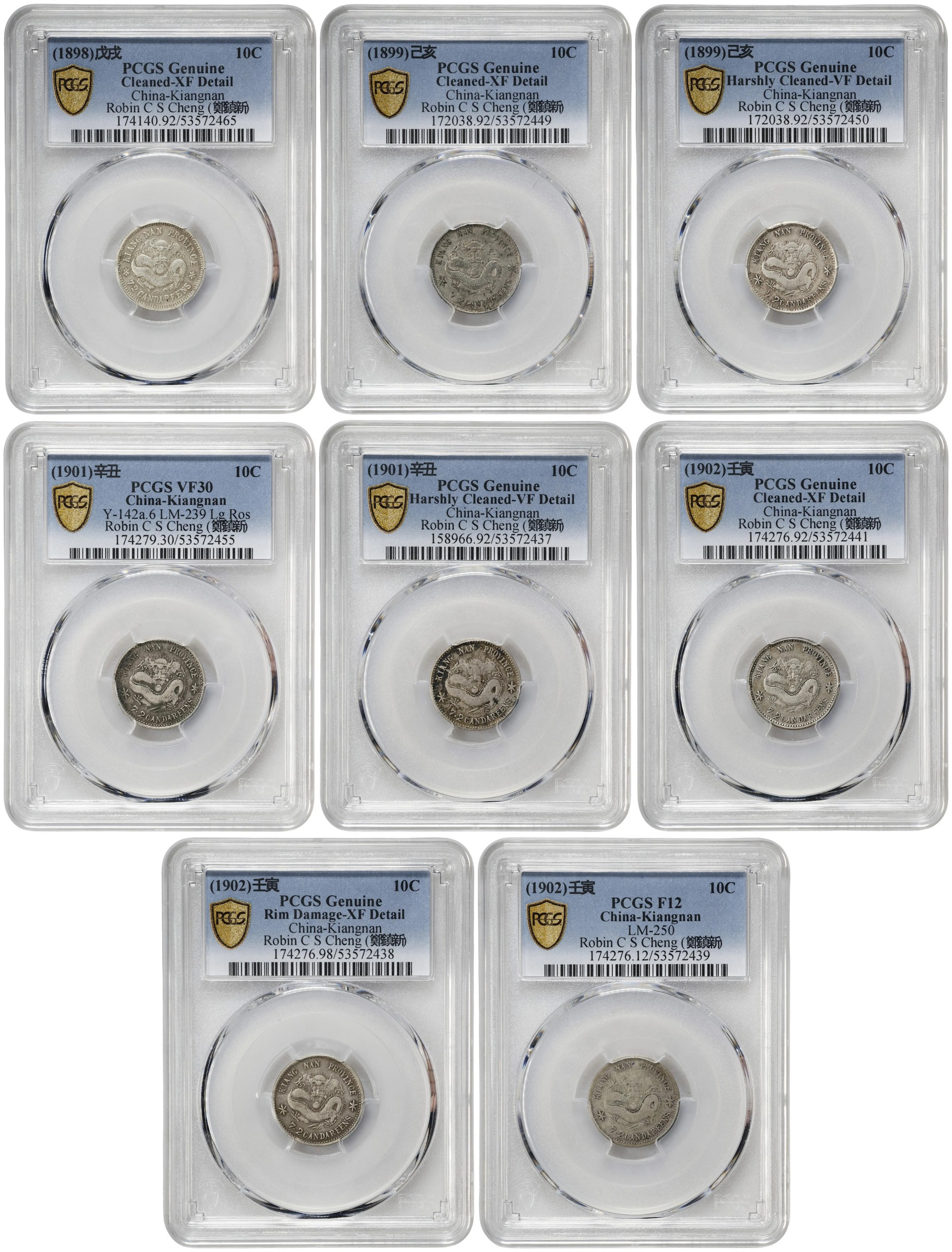 (t) CHINA. Kiangnan. Octet of 7.2 Candareens (10 Cents) (8 Pieces)