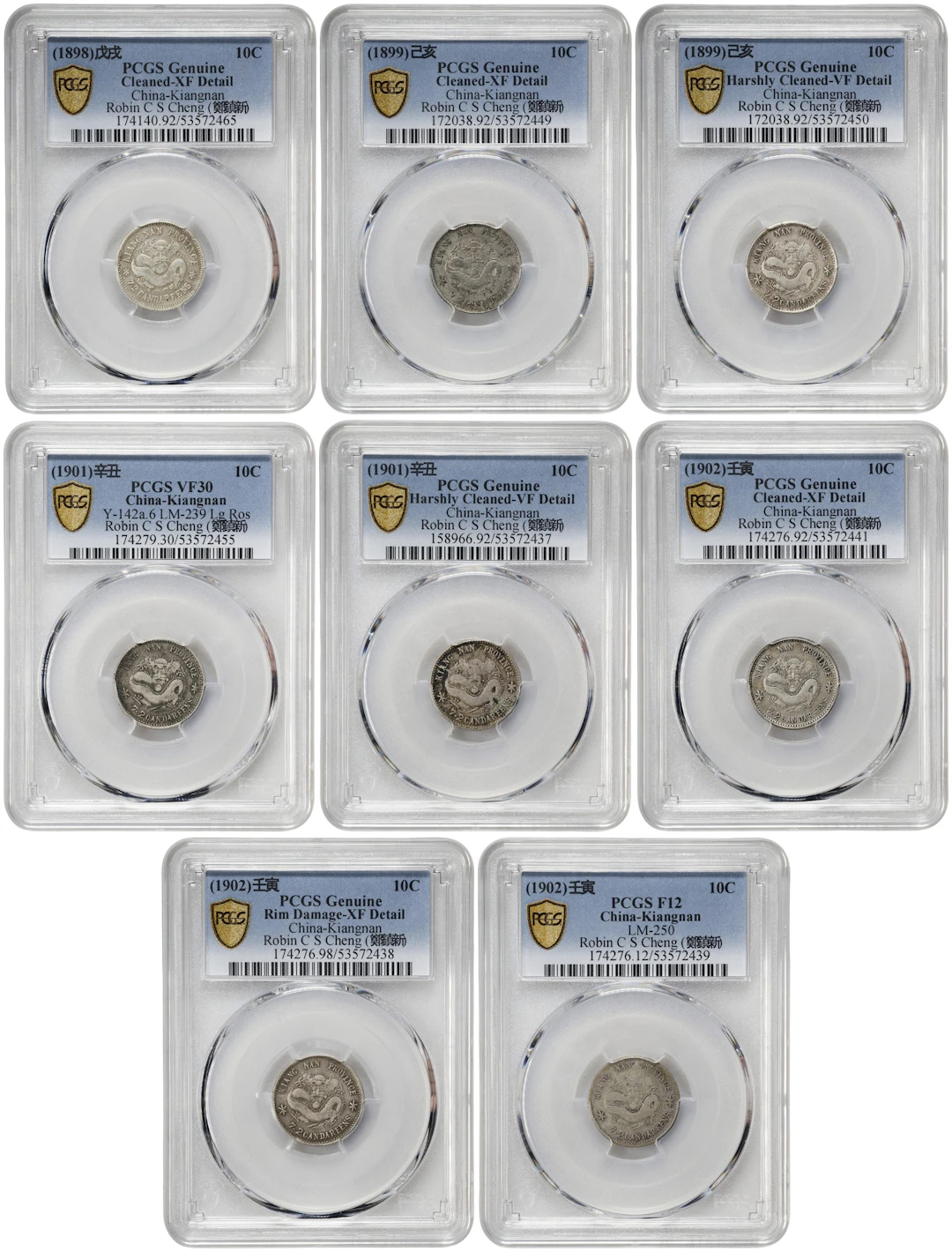 (t) CHINA. Kiangnan. Octet of 7.2 Candareens (10 Cents) (8 Pieces)
