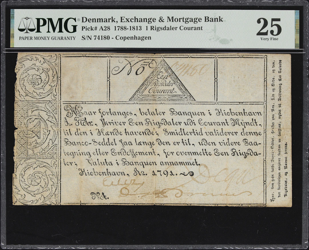 (◊) DENMARK. Exchange & Mortgage Bank. 1 Rigsdaler Courant, 1791.