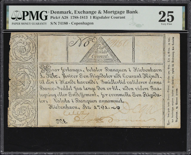 (◊) DENMARK. Exchange & Mortgage Bank. 1 Rigsdaler Courant, 1791.