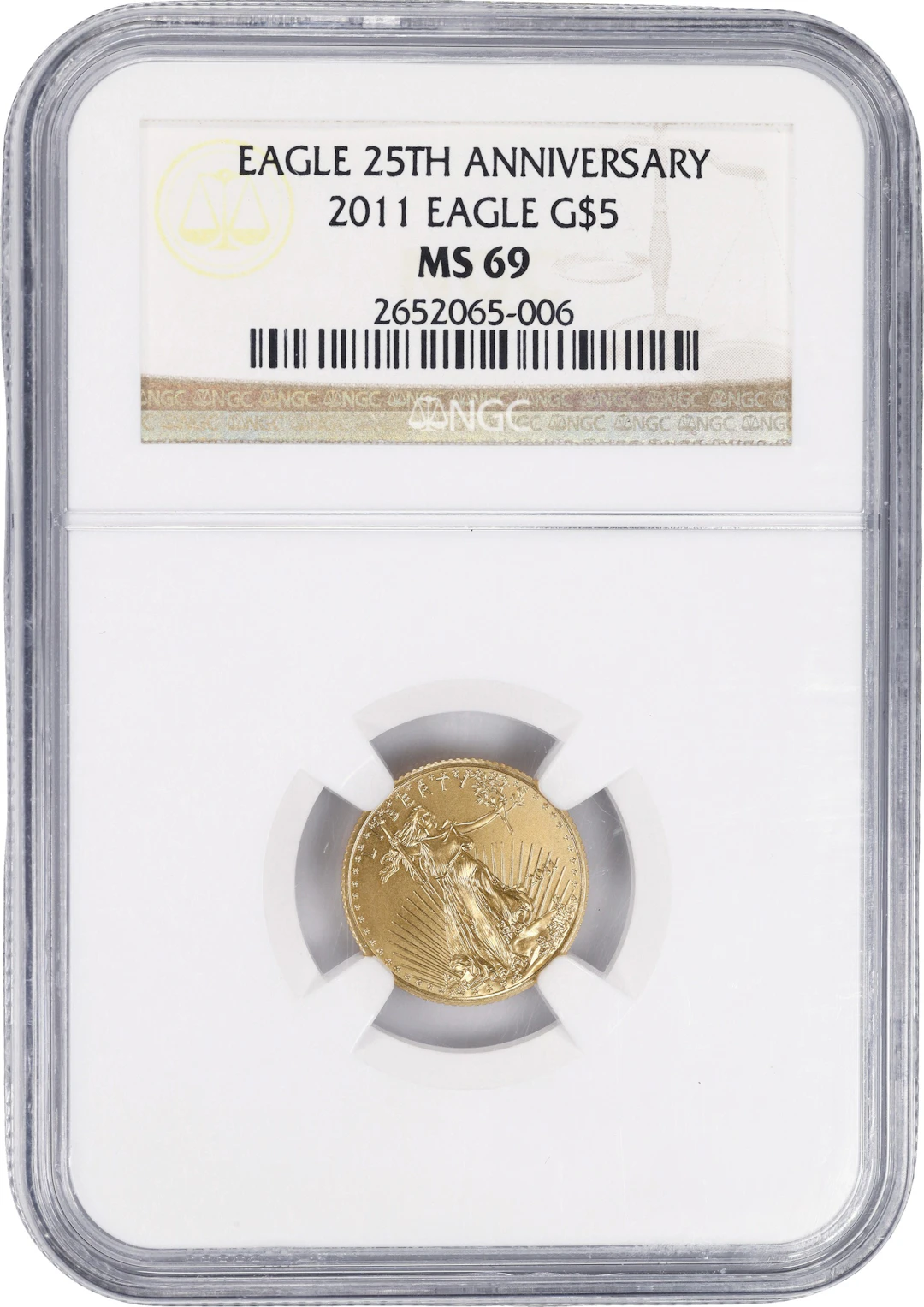(0.1 oz, 3.11 g AGW). 2011 American Gold Eagle $5. MS-69 (NGC).