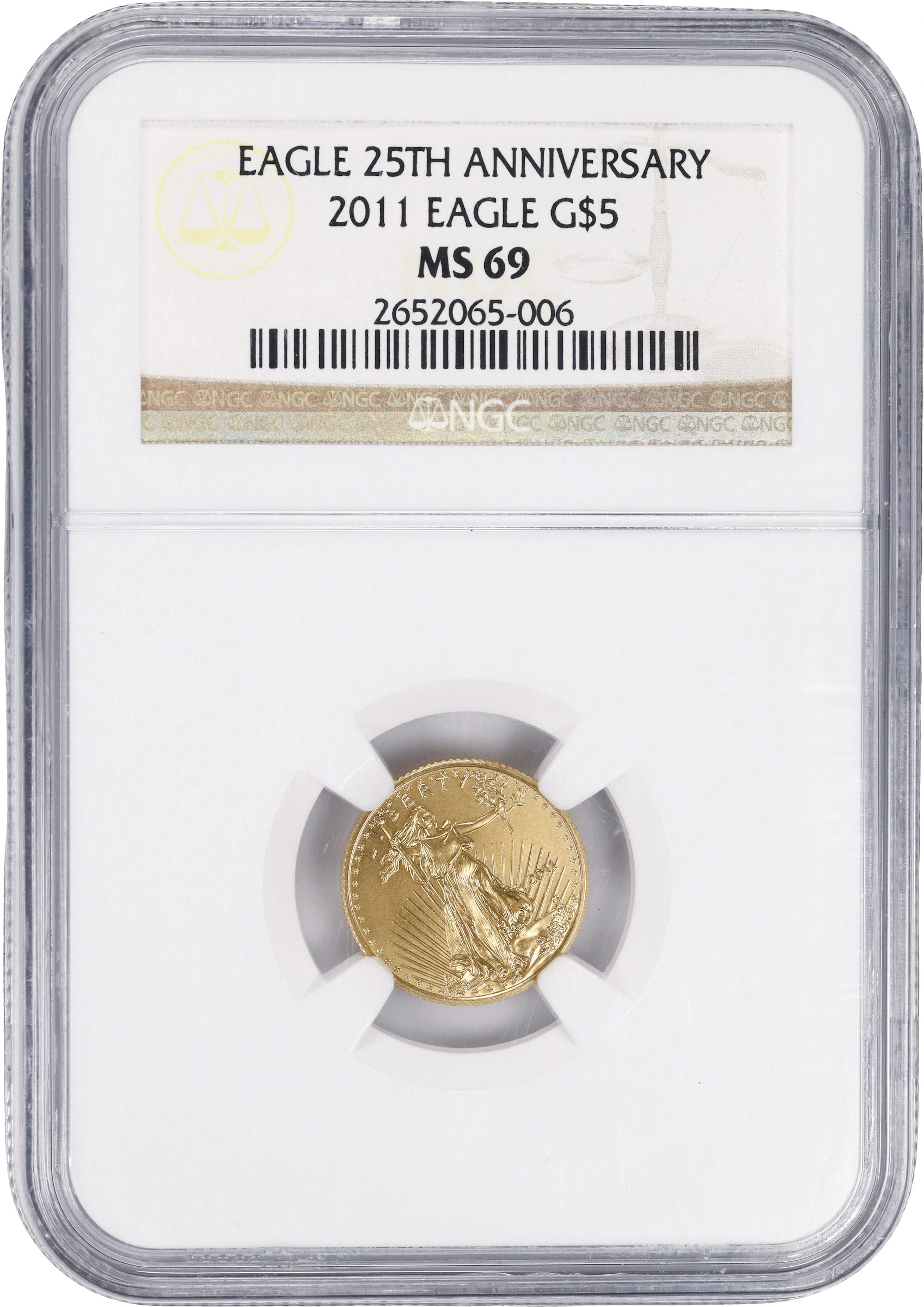(0.1 oz, 3.11 g AGW). 2011 American Gold Eagle $5. MS-69 (NGC).