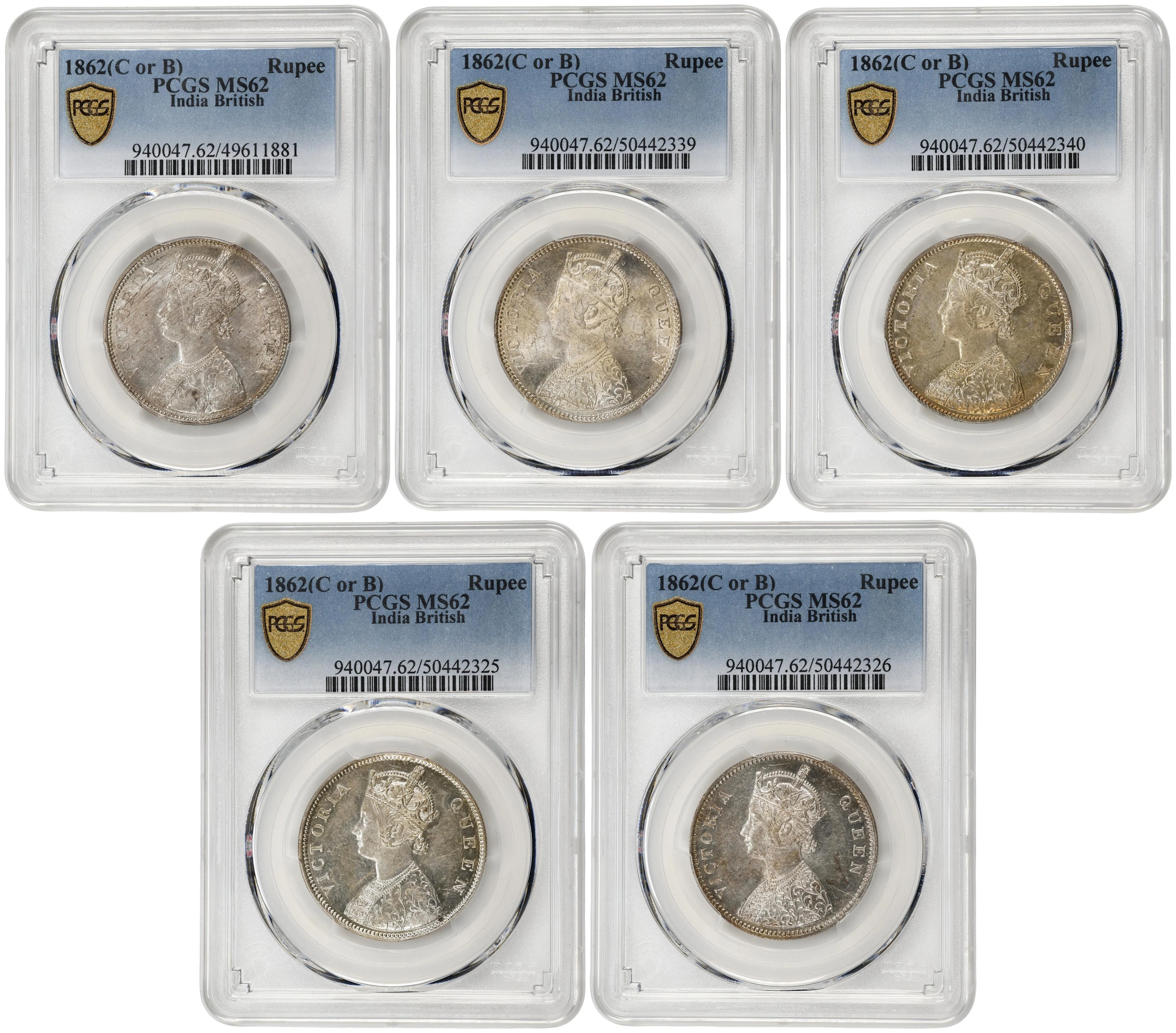 INDIA. Quintet of Rupees (5 Pieces), 1862-(B). Bombay Mint. Victoria.