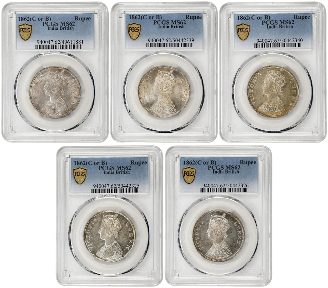 INDIA. Quintet of Rupees (5 Pieces), 1862-(B). Bombay Mint. Victoria.