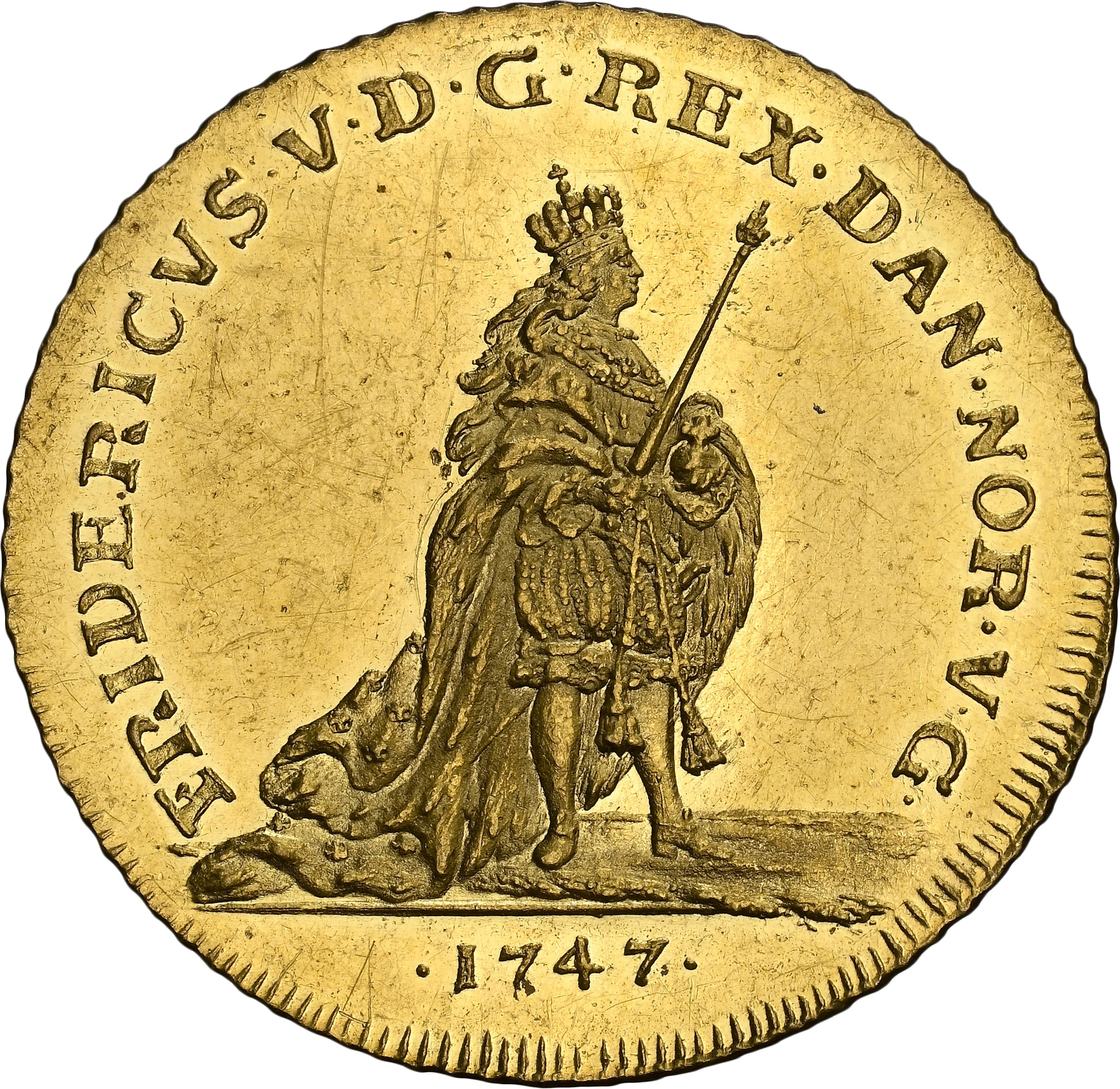 DENMARK. Ducat, 1747. Copenhagen MInt. Frederik V. NGC MS-63.