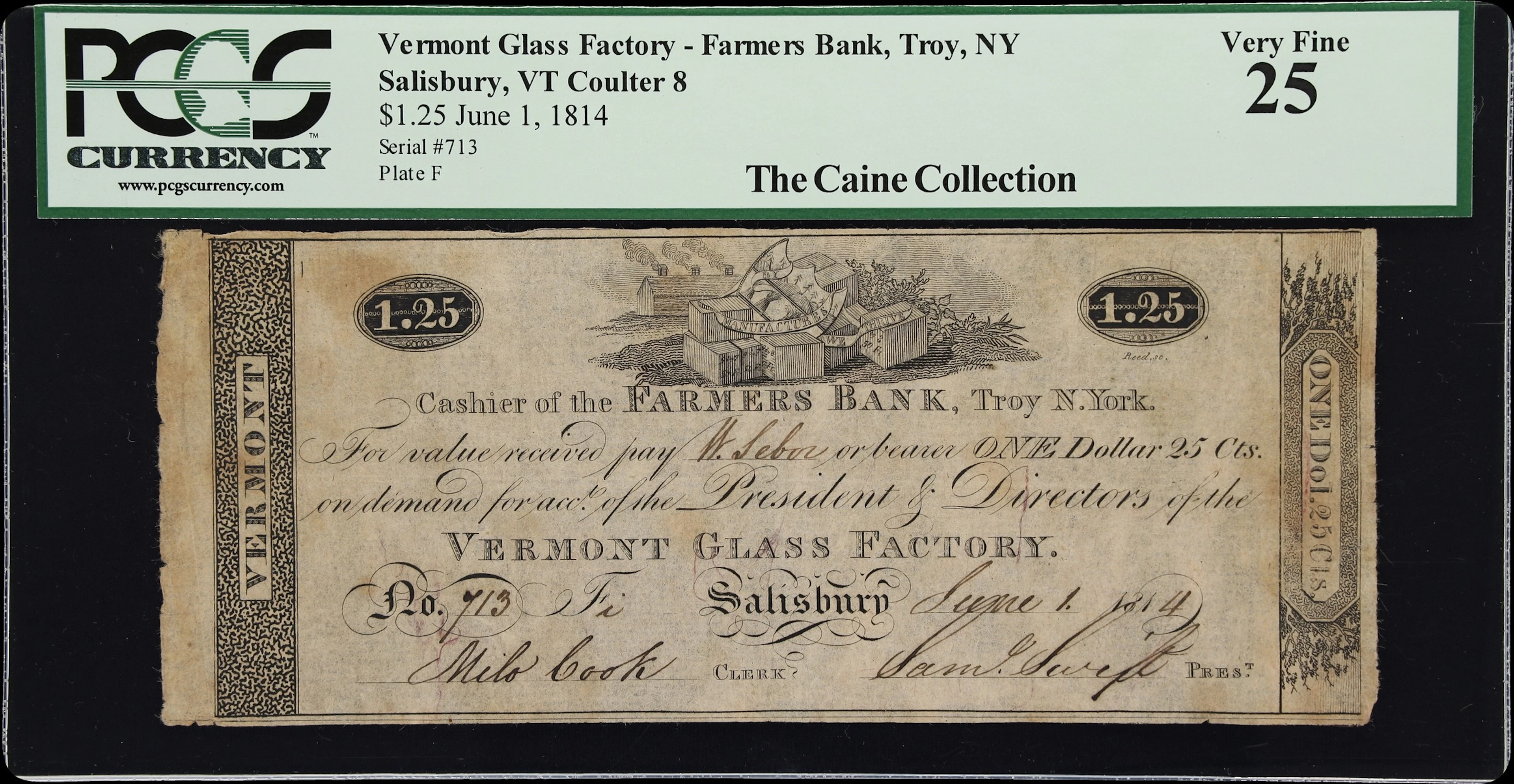 Salisbury, Vermont. Vermont Glass Factory. 1814 $1.25. PCGS Currency