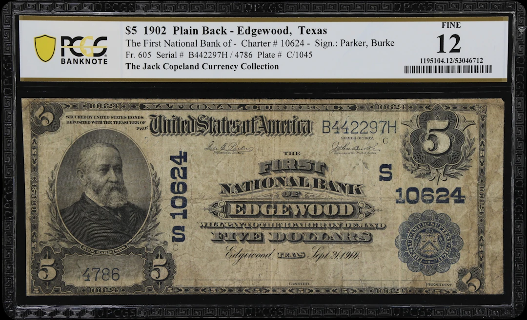 Edgewood, Texas. $5 1902 Plain Back. Fr. 605. First NB. Charter #10624.