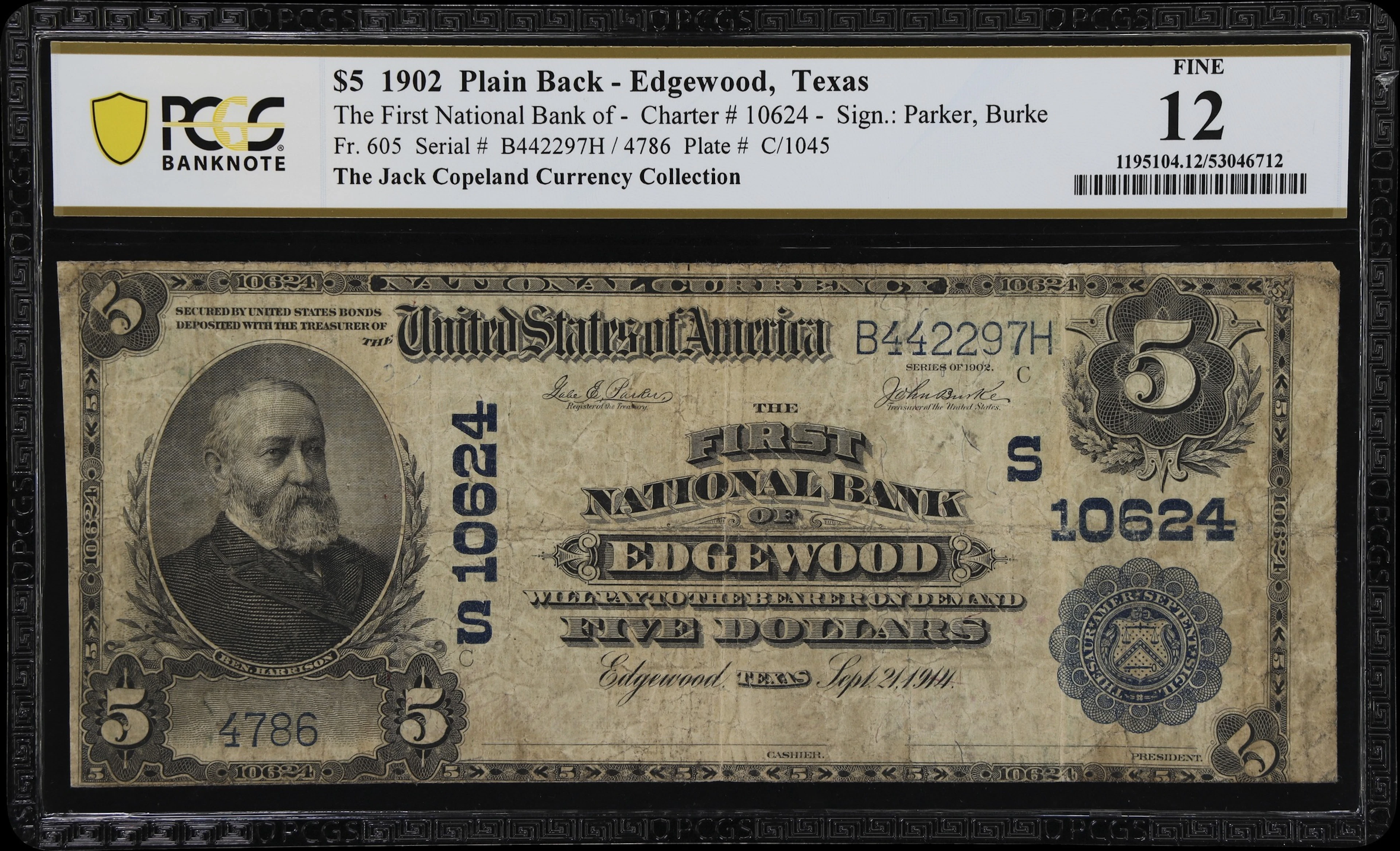 Edgewood, Texas. $5 1902 Plain Back. Fr. 605. First NB. Charter #10624.