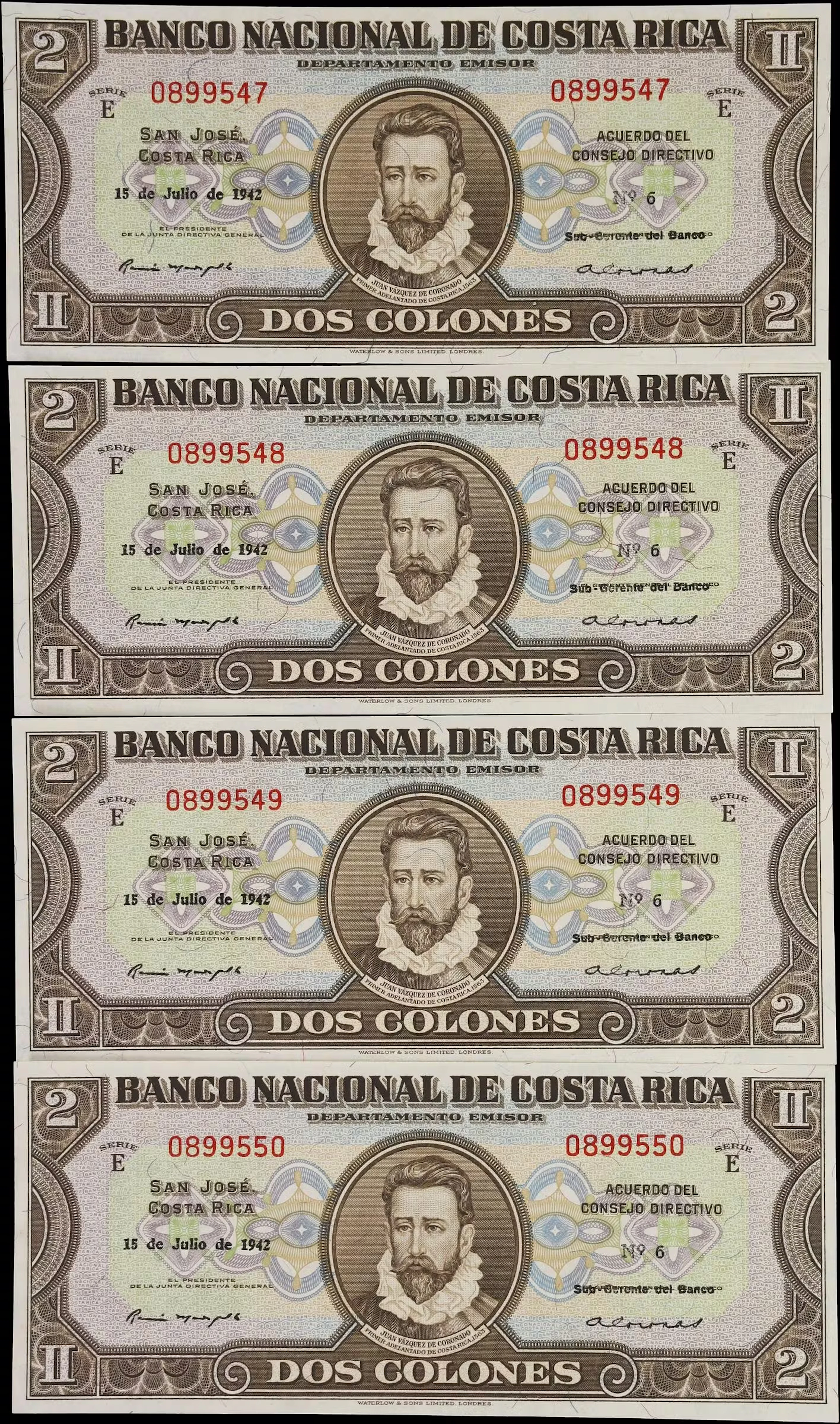 COSTA RICA. Lot of (4). Banco Nacional de Costa Rica. 2 Colones, 15.7.1942.