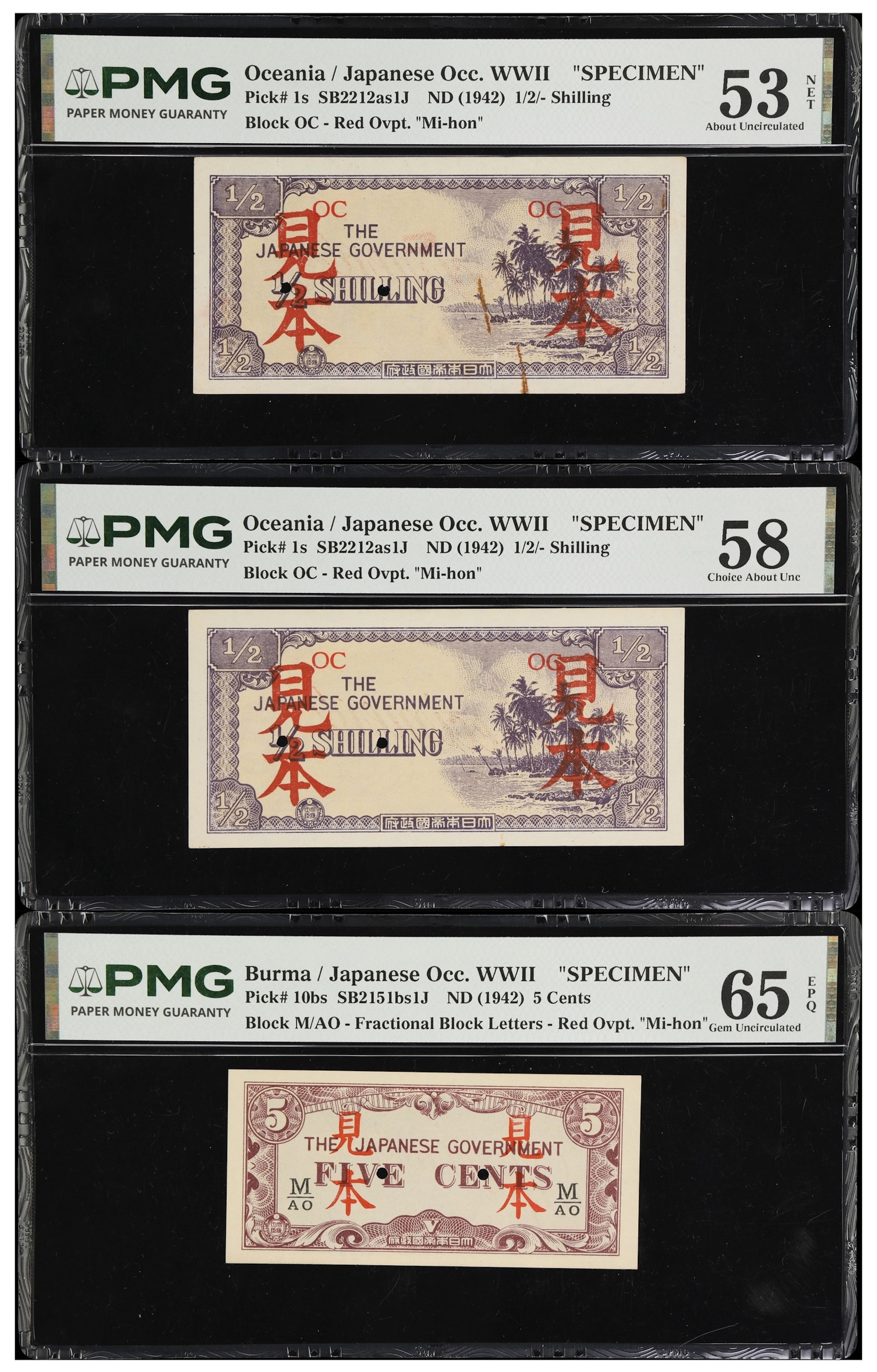 MIXED LOTS. Lot of (3). Burma & Oceania. Japanese Government. 5 Cents
