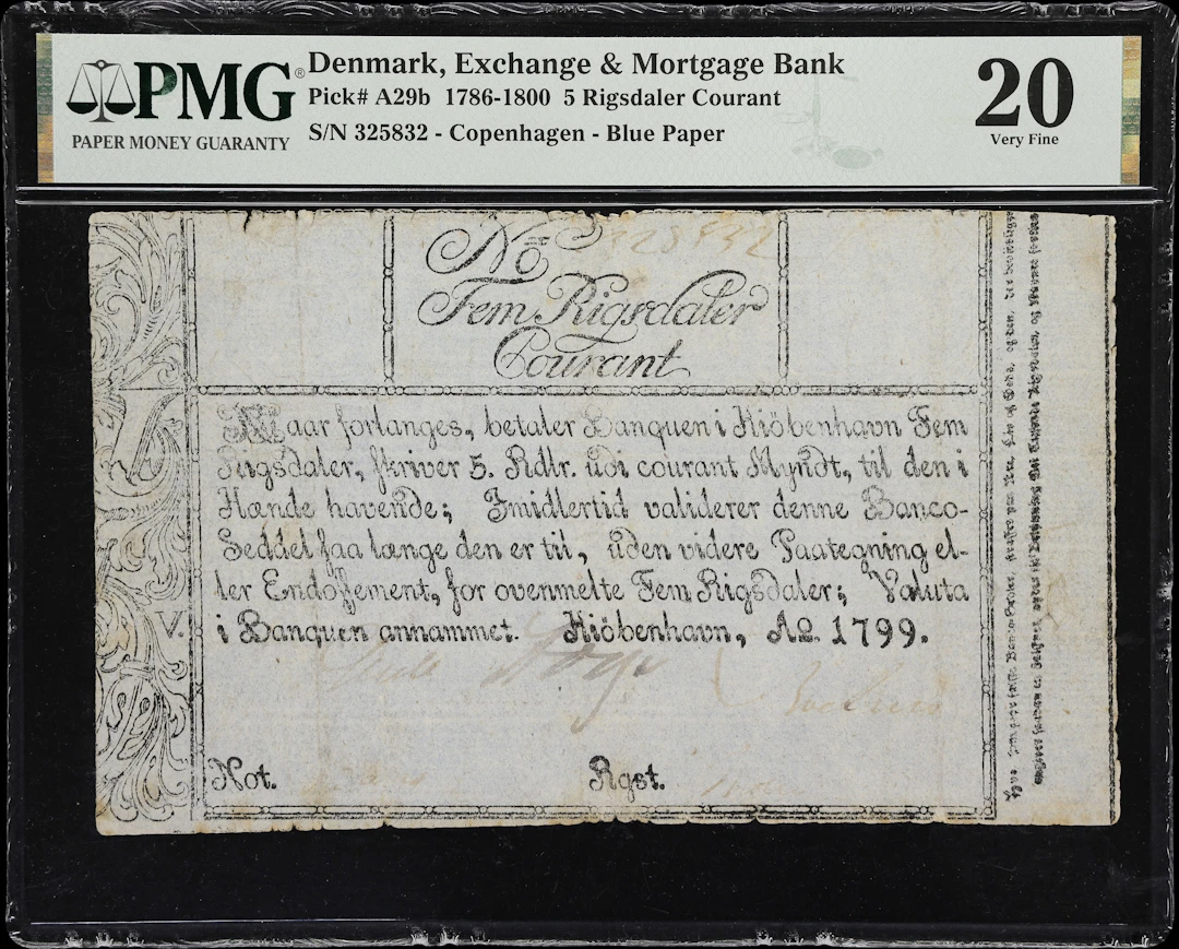(◊) DENMARK. Exchange & Mortgage Bank. 5 Rigsdaler Courant, 1799.
