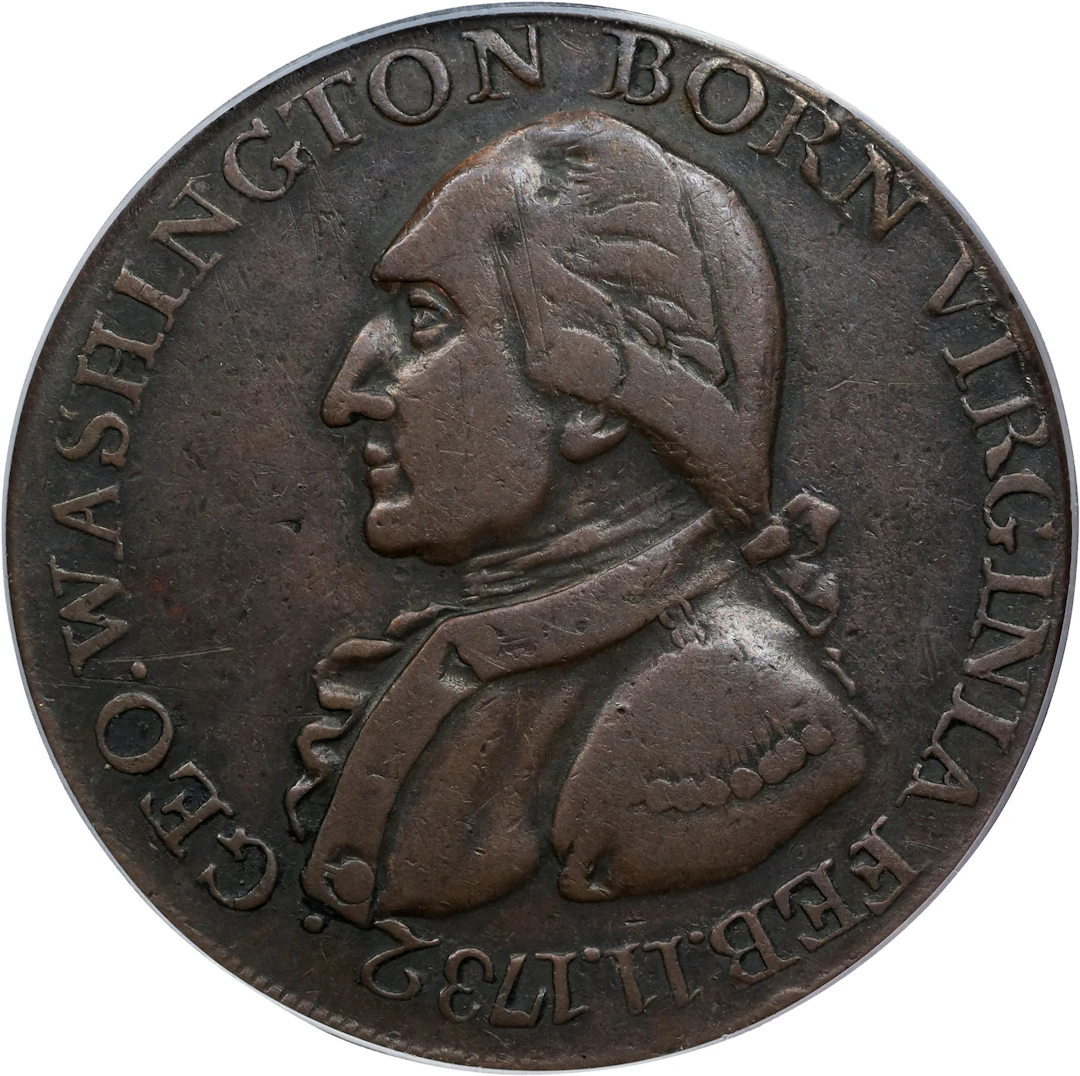 "1789" (ca. 1792) Washington Born Virginia Copper. Legend Reverse.