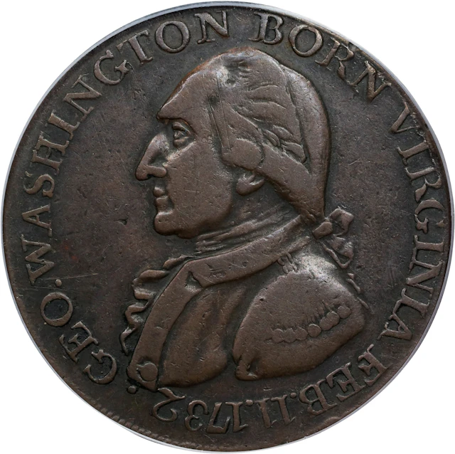 "1789" (ca. 1792) Washington Born Virginia Copper. Legend Reverse.