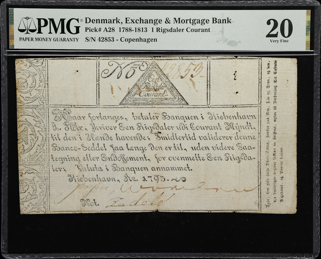 (◊) DENMARK. Exchange & Mortgage Bank. 1 Rigsdaler Courant, 1795.