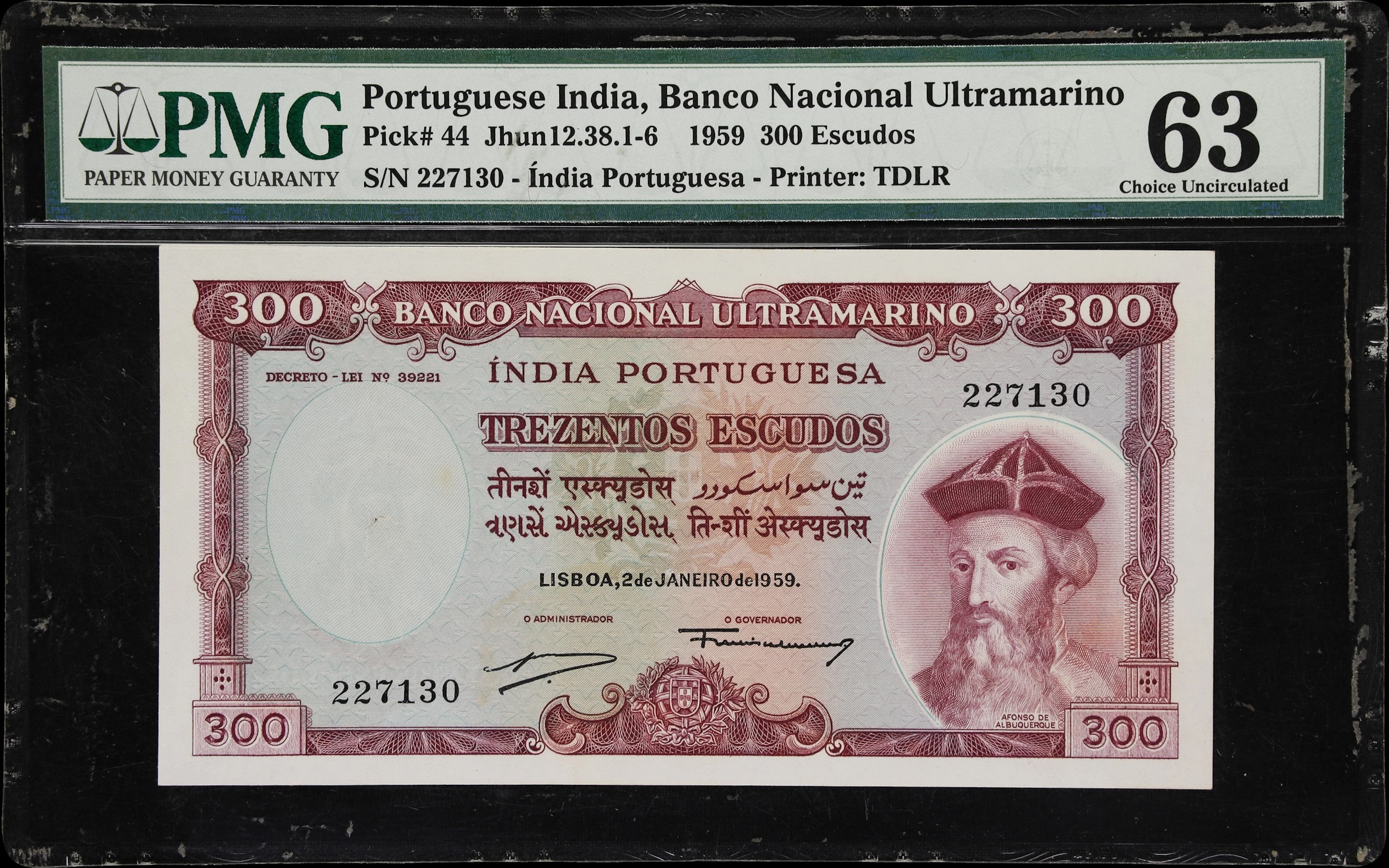 PORTUGUESE INDIA. Banco Nacional Ultramarino. 300 Escudos, 2.1.1959.