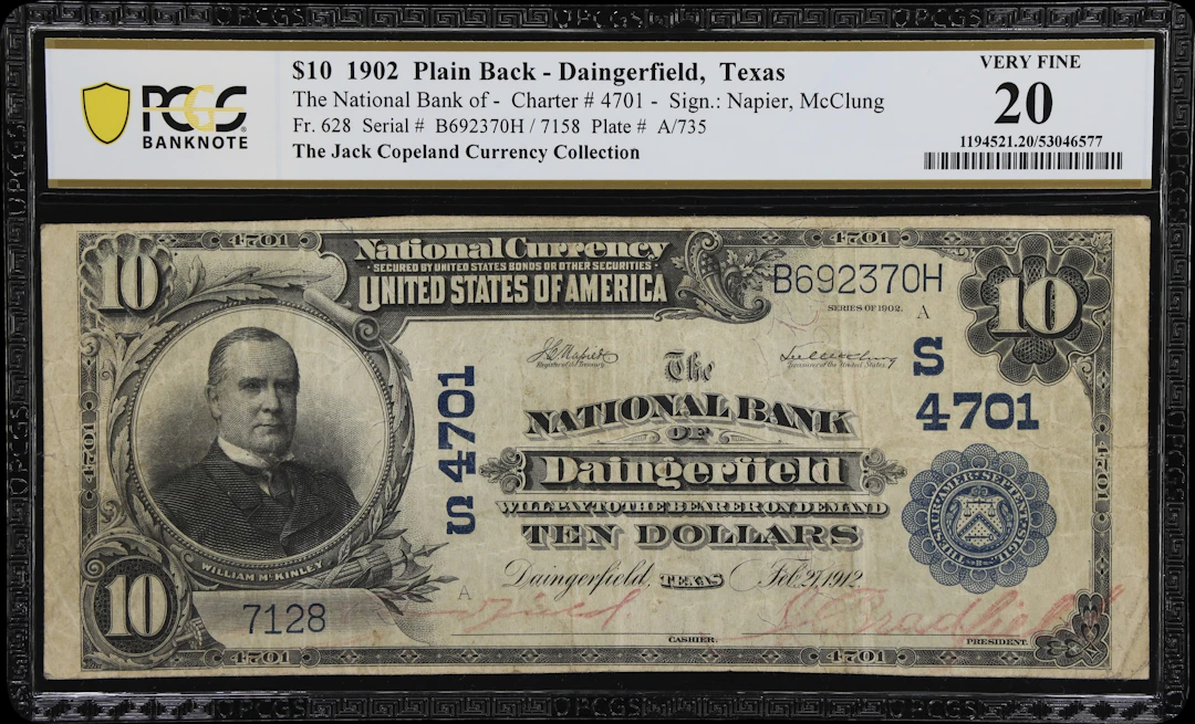 Daingerfield, Texas. $10 1902 Plain Back. Fr. 628. NB. Charter #4701.