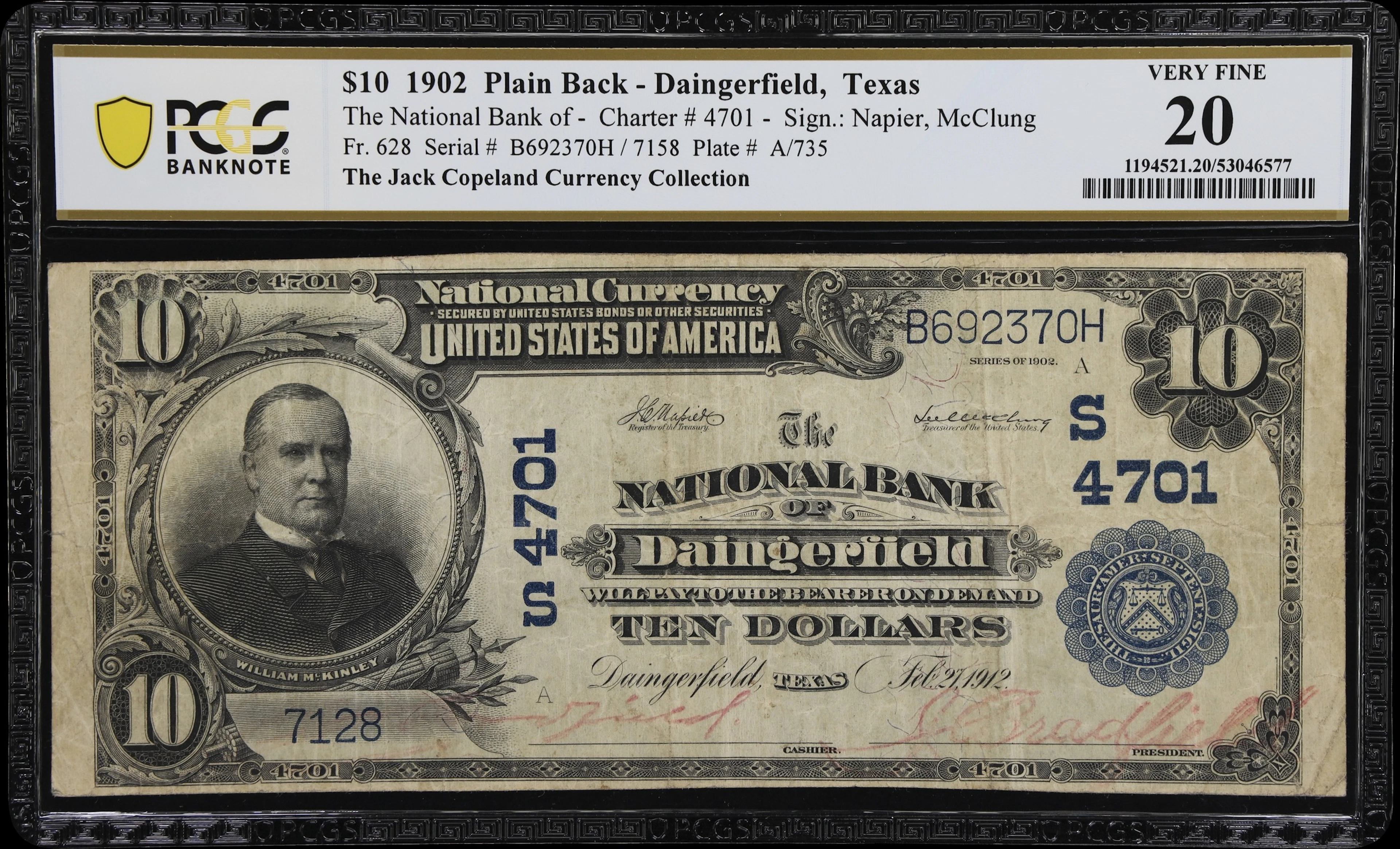 Daingerfield, Texas. $10 1902 Plain Back. Fr. 628. NB. Charter #4701.