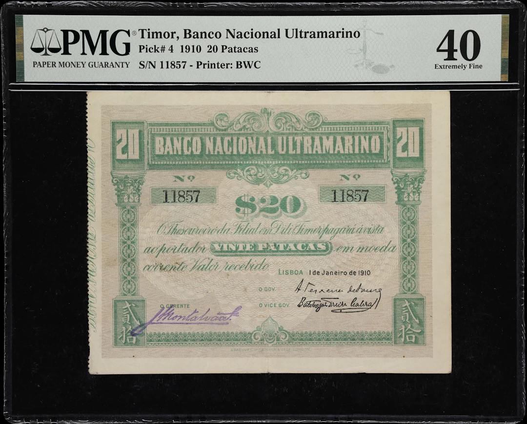 TIMOR. Banco Nacional Ultramarino. 20 Patacas, 1.1.1910. P-4. PMG