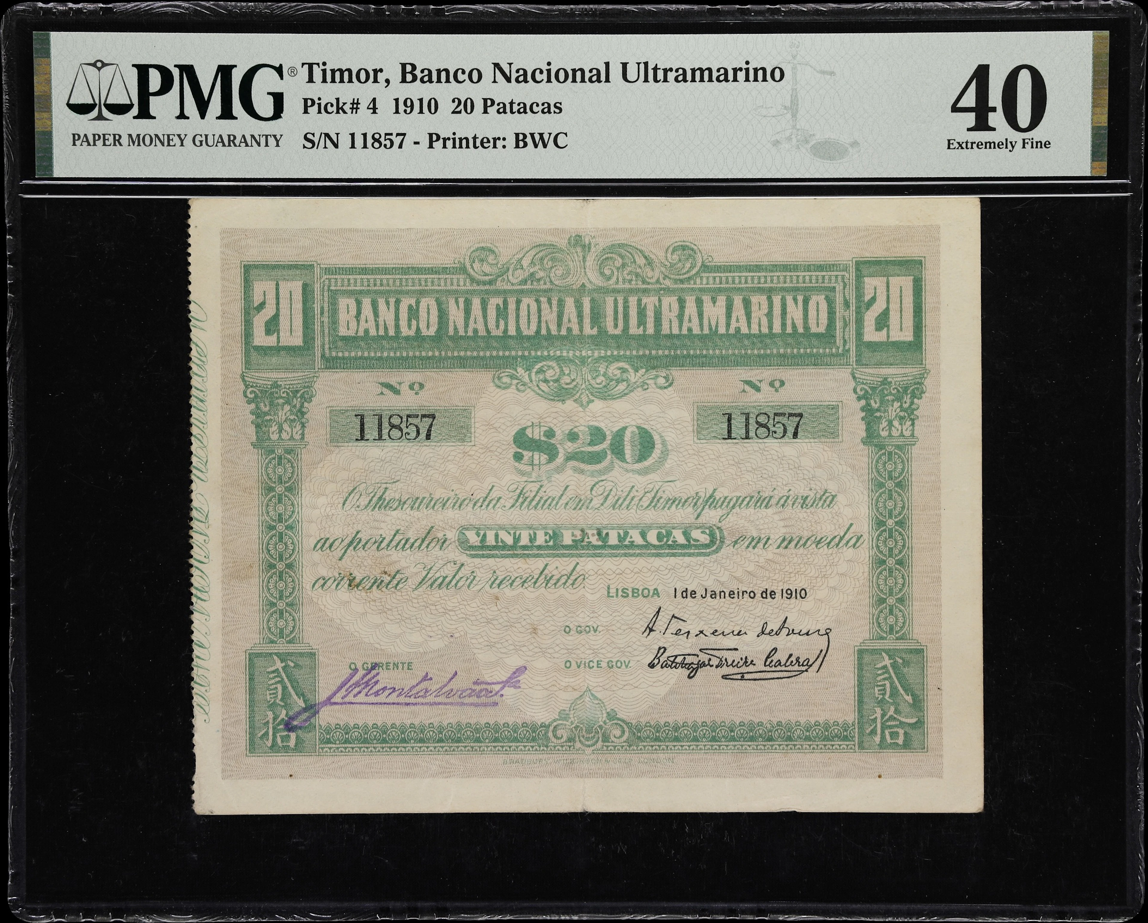 TIMOR. Banco Nacional Ultramarino. 20 Patacas, 1.1.1910. P-4. PMG