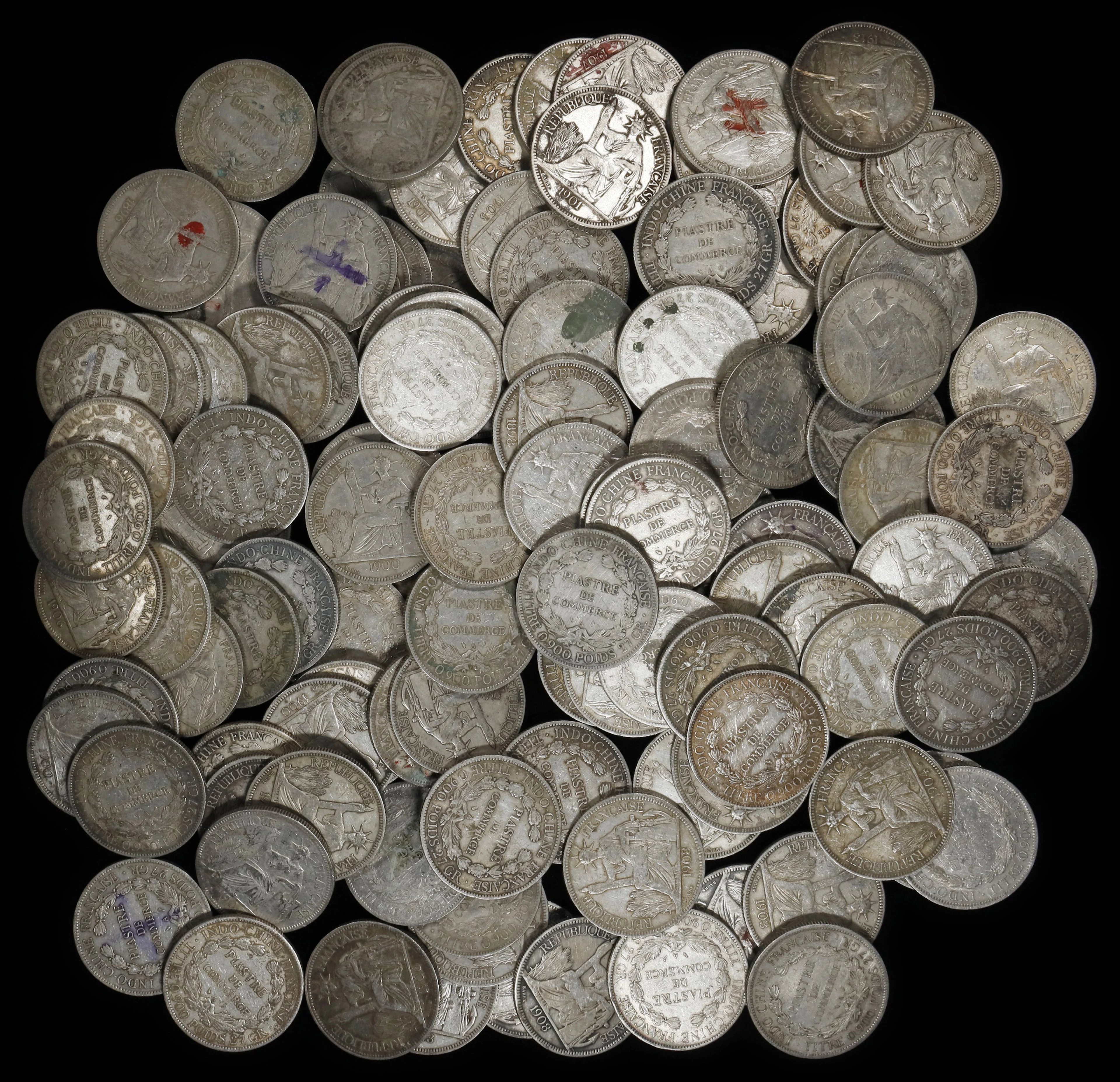 FRENCH INDO-CHINA. Group of Piastres (Approximately 145 Pieces), 1895-1928.