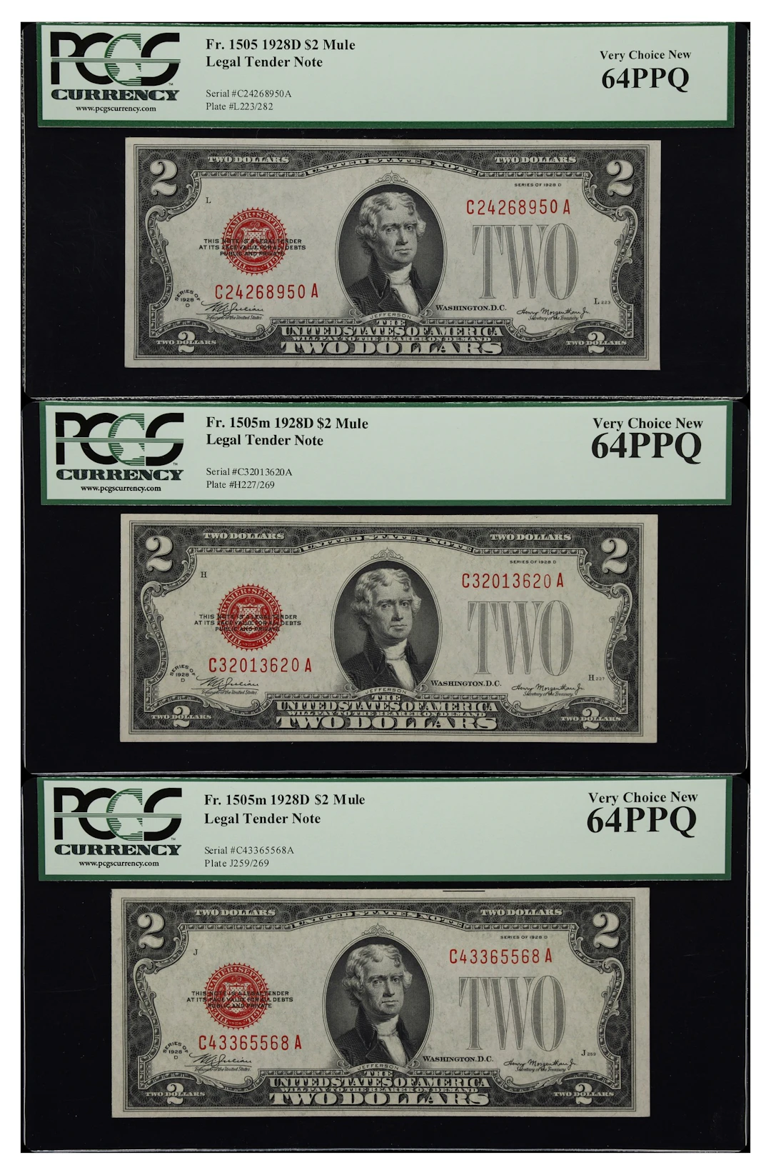 Lot of (3) Fr. 1505m. 1928D $2 Legal Tender Notes. Mule. PCGS Currency