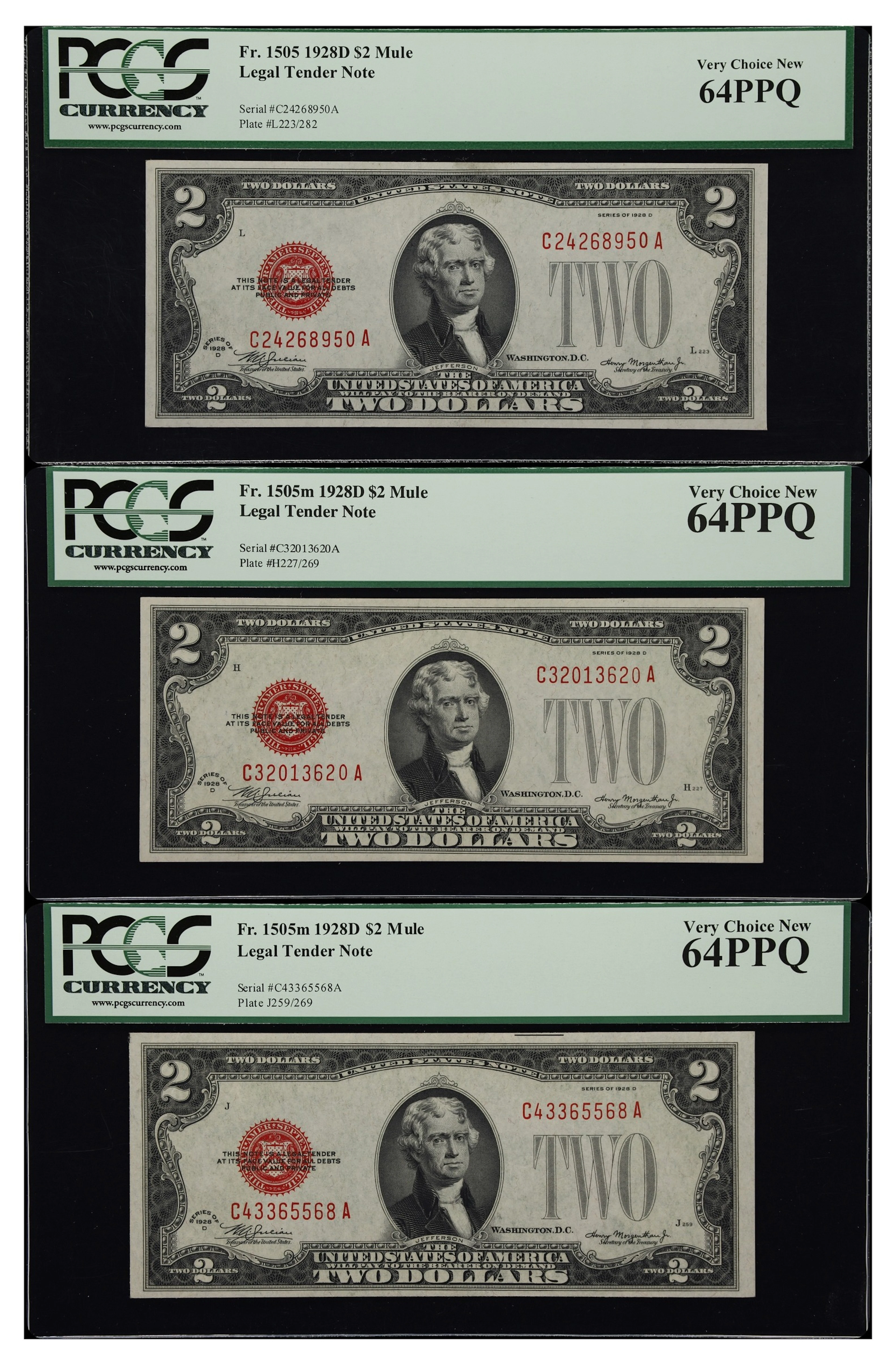 Lot of (3) Fr. 1505m. 1928D $2 Legal Tender Notes. Mule. PCGS Currency