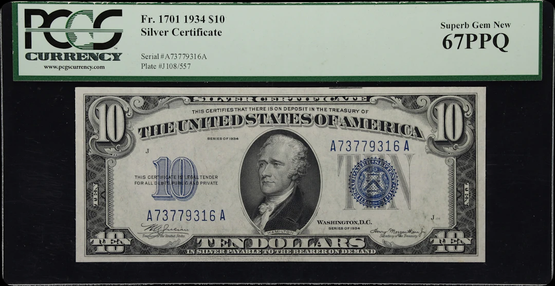 Fr. 1701. 1934 $10 Silver Certificate. PCGS Currency Superb Gem New 67 PPQ.