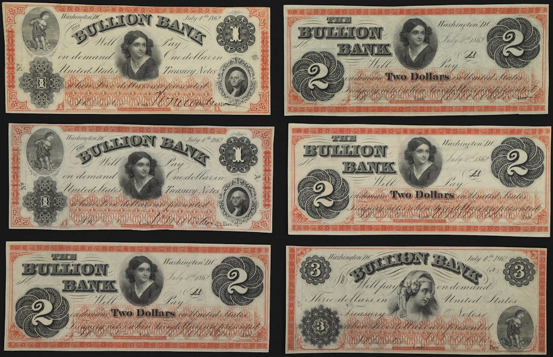 Lot of (6) Washington, District of Columbia. Bullion Bank. 1862 $1
