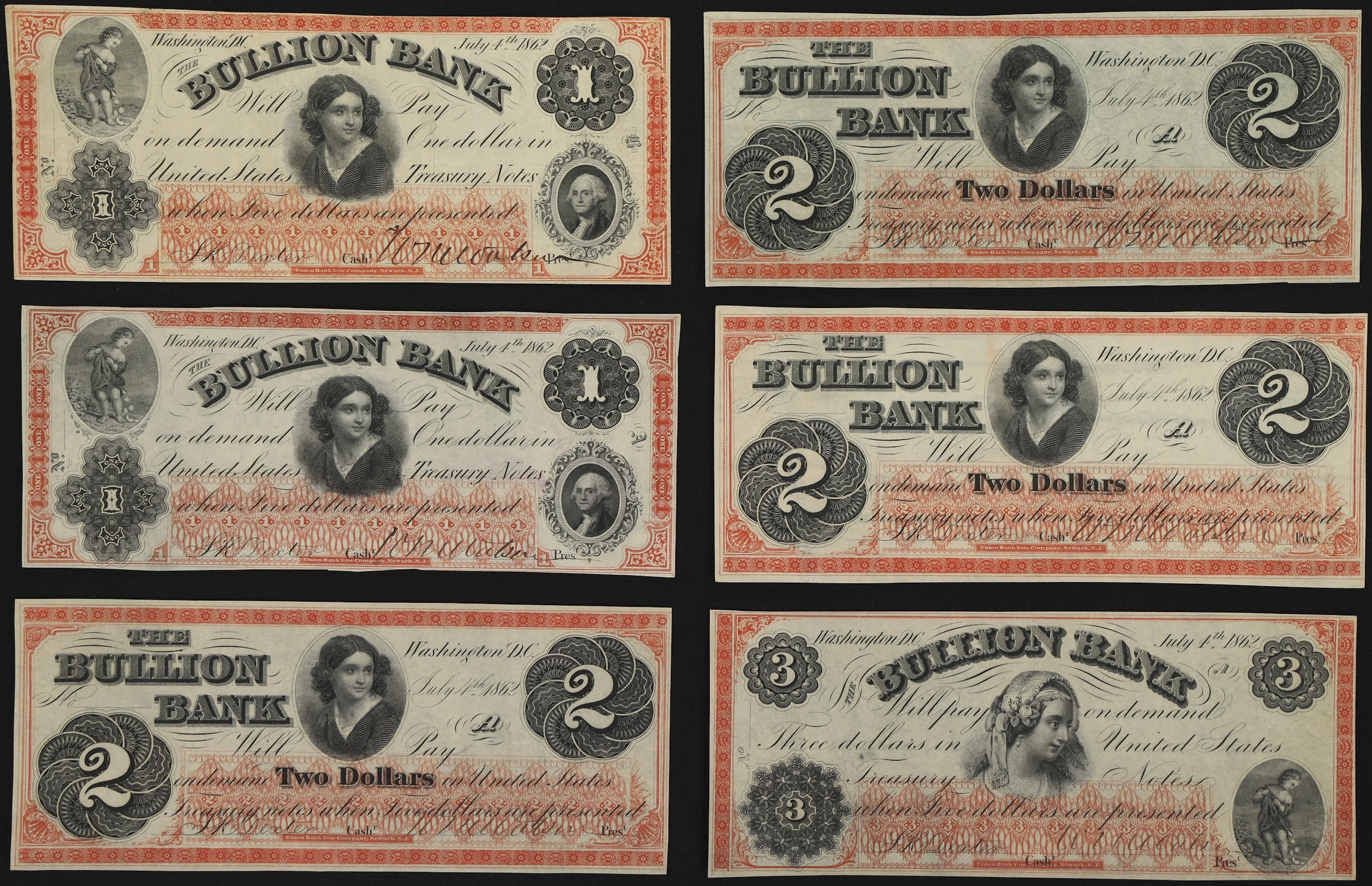 Lot of (6) Washington, District of Columbia. Bullion Bank. 1862 $1