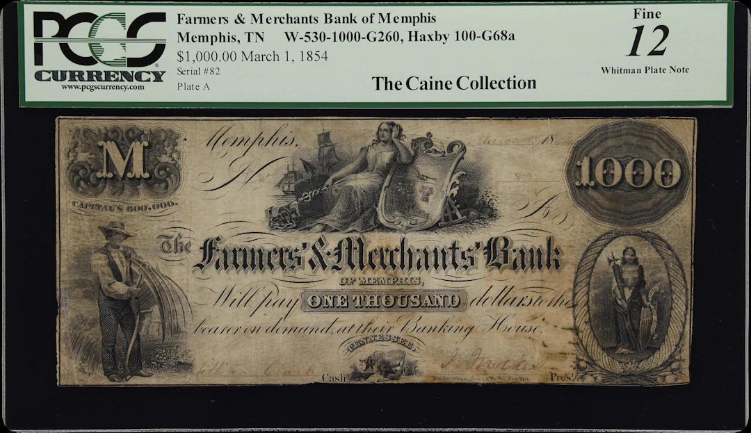 Memphis, Tennessee. Farmers & Merchants Bank of Memphis. 1854 $1000.