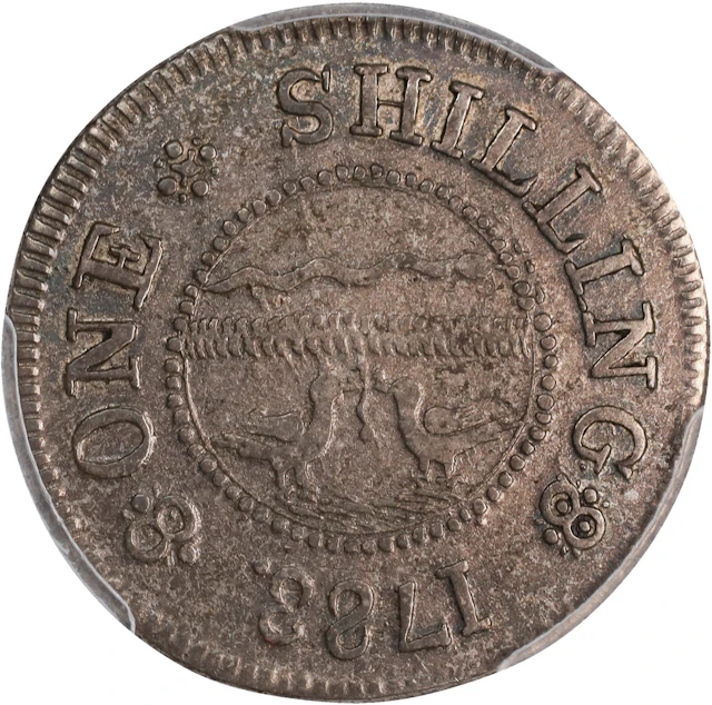 1783 John Chalmers Shilling. W-1785. Rarity-4+. Birds, Short Worm.