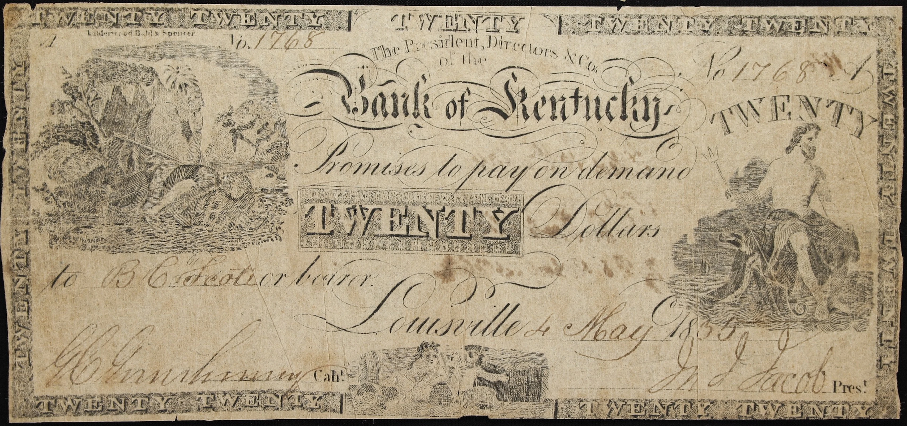Louisville, Kentucky. Bank of Kentucky. 1835 $20. Very Good. Contemporary