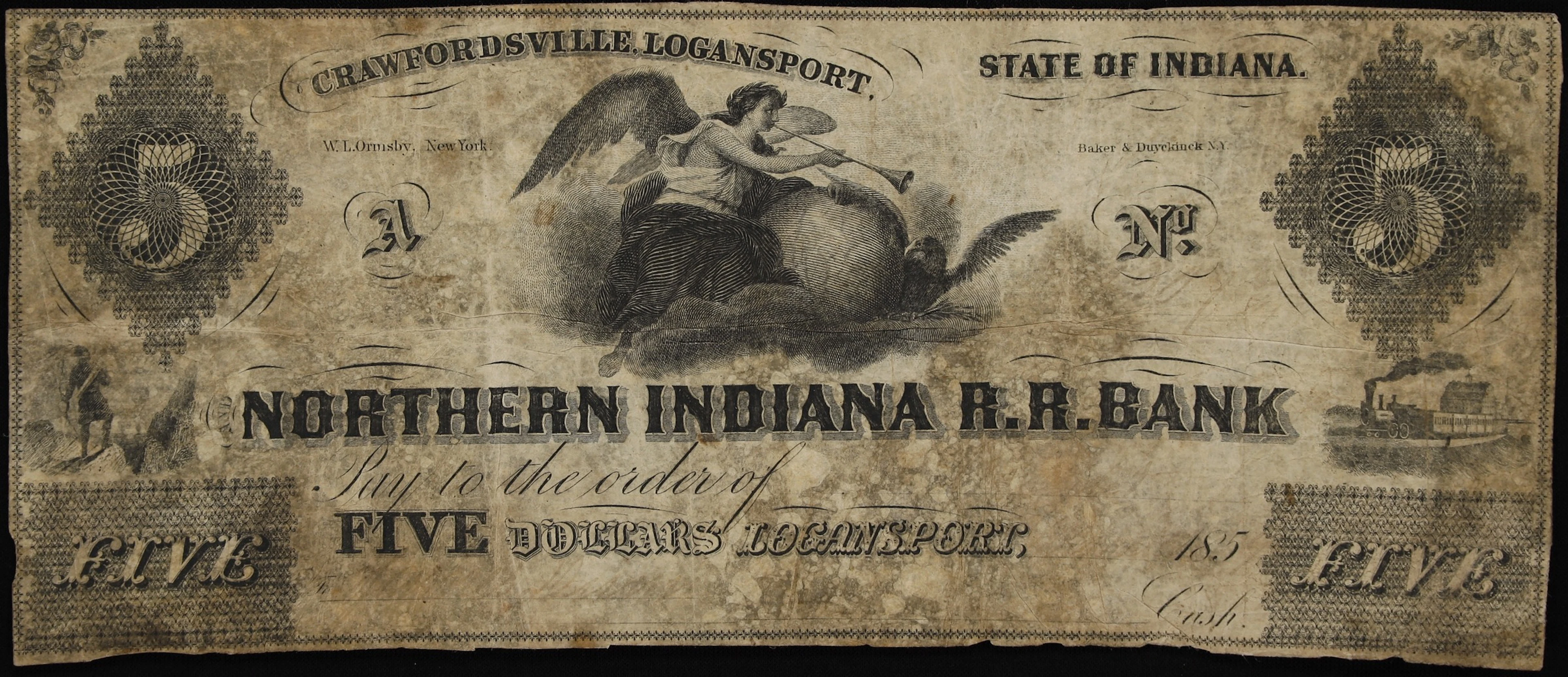Logansport, Indiana. Northern Indiana Road Road Bank. 1852 $5. Fine.