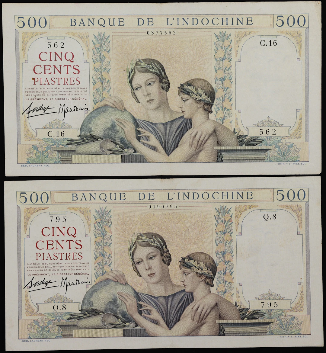 FRENCH INDO-CHINA. Lot of (2). Banque de l'Indochine. 500 Piastres