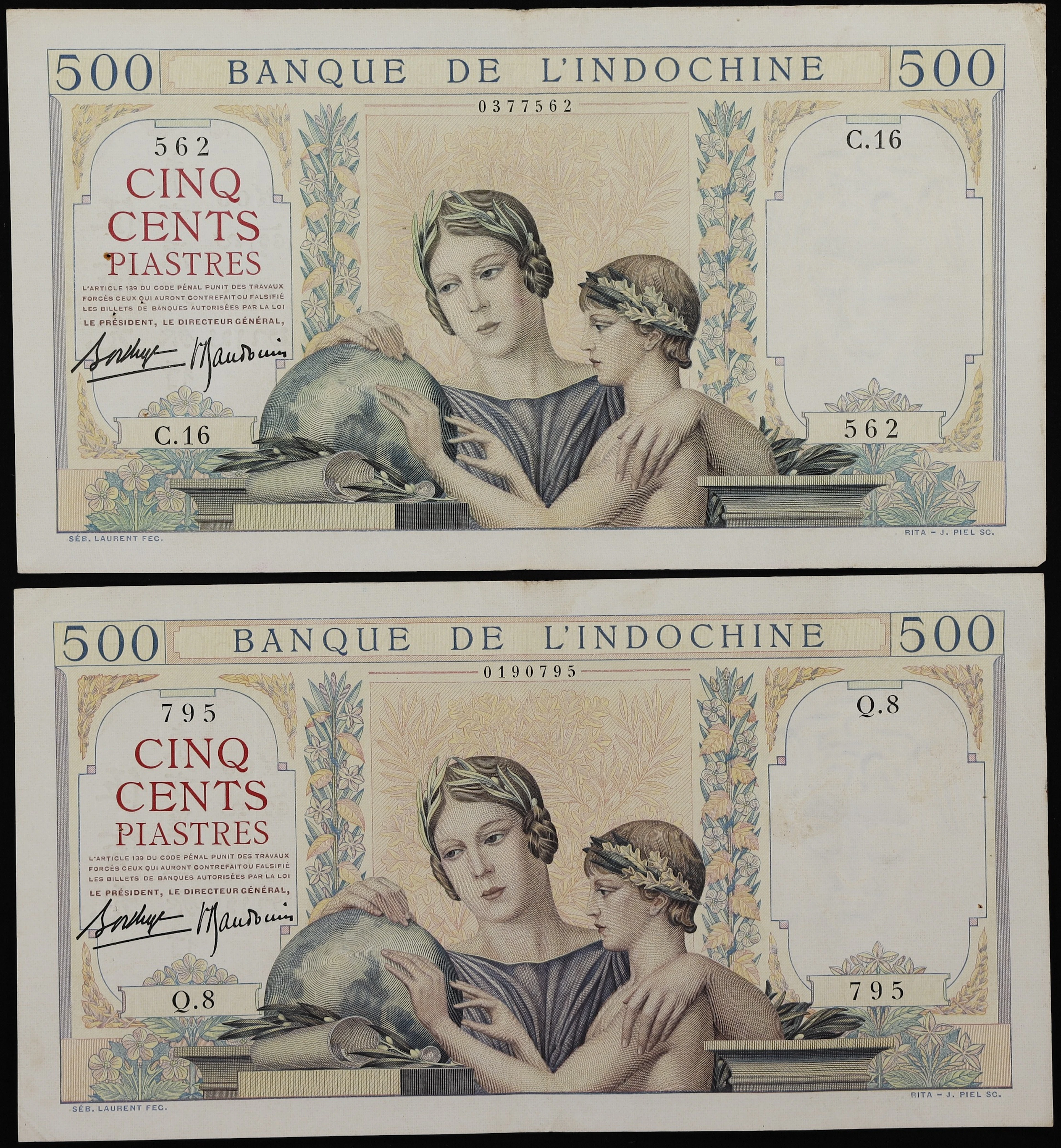 FRENCH INDO-CHINA. Lot of (2). Banque de l'Indochine. 500 Piastres