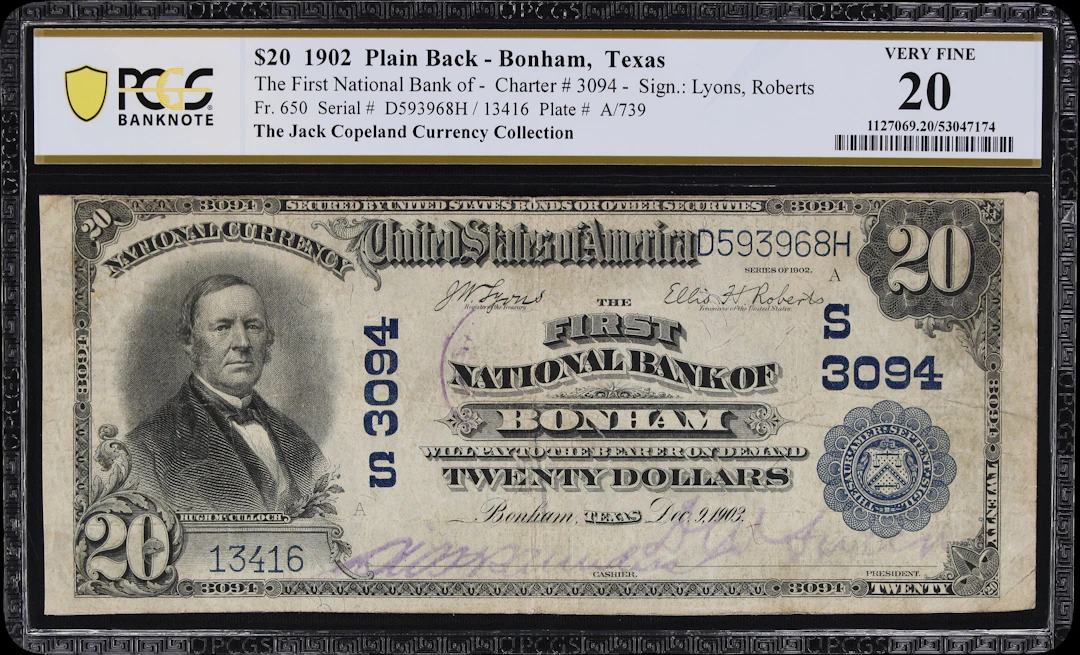 Bonham, Texas. $20 1902 Plain Back. Fr. 650. First NB. Charter #3094.