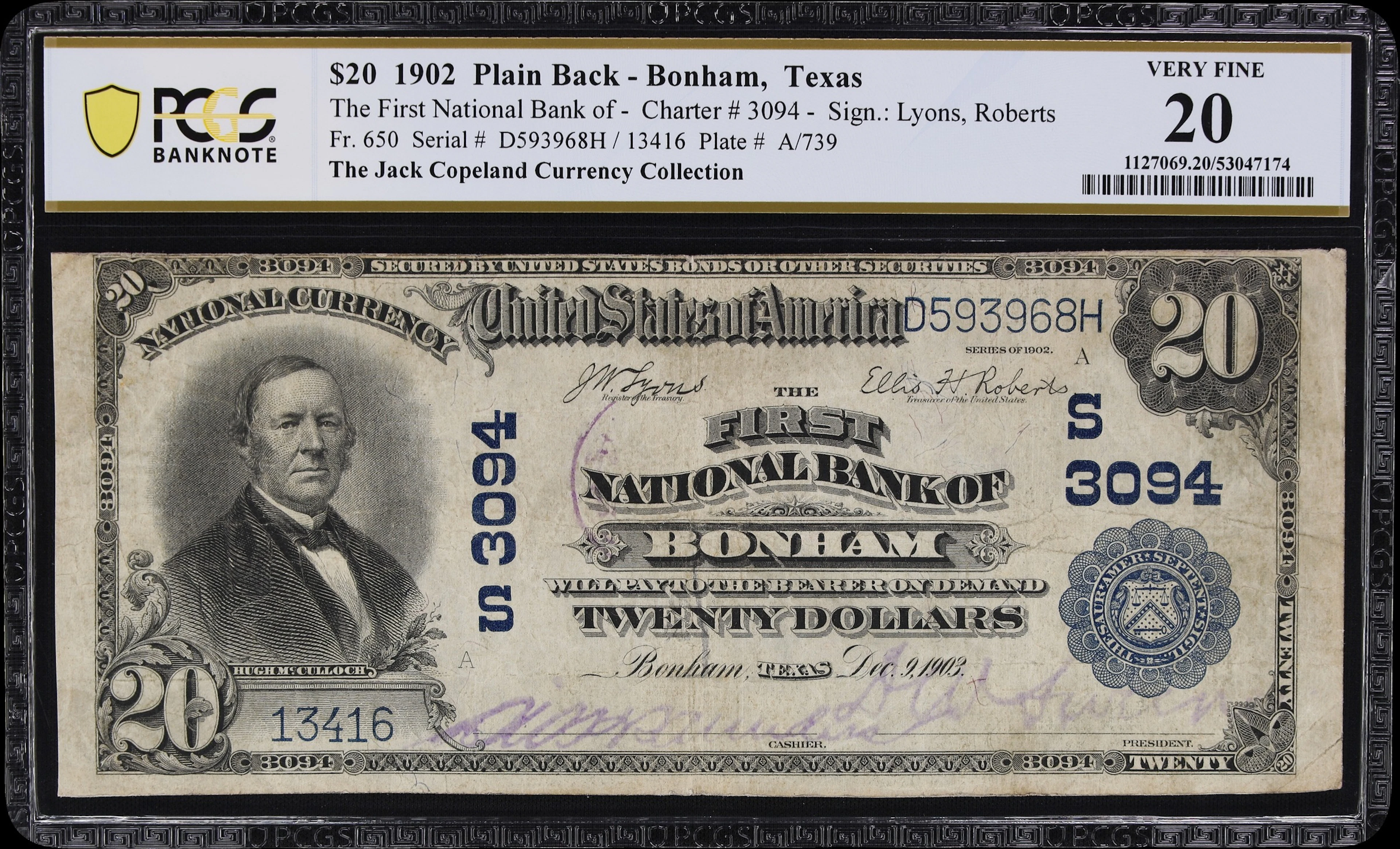 Bonham, Texas. $20 1902 Plain Back. Fr. 650. First NB. Charter #3094.