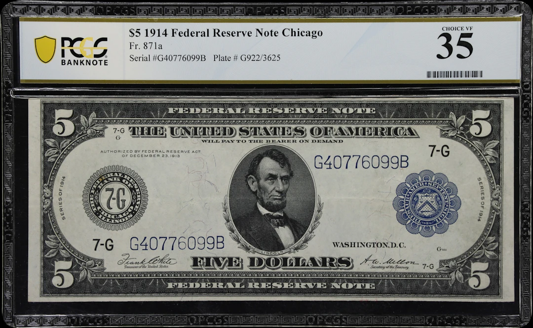 Fr. 871a. 1914 $5 Federal Reserve Note. Chicago. PCGS Banknote Choice