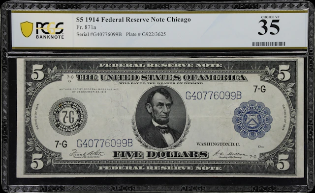 Fr. 871a. 1914 $5 Federal Reserve Note. Chicago. PCGS Banknote Choice